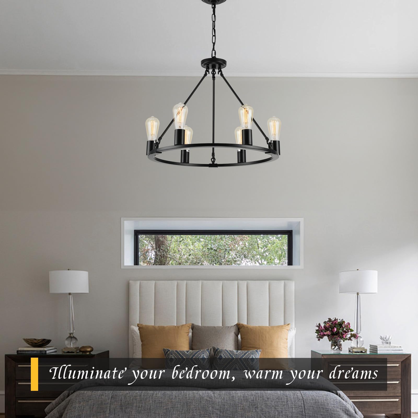 Senyshilon Black Chandelier, 6-Light Round Farmhouse Lighting Fixture, 24" Diameter for Dining Room, Living Room, Kitchen Island