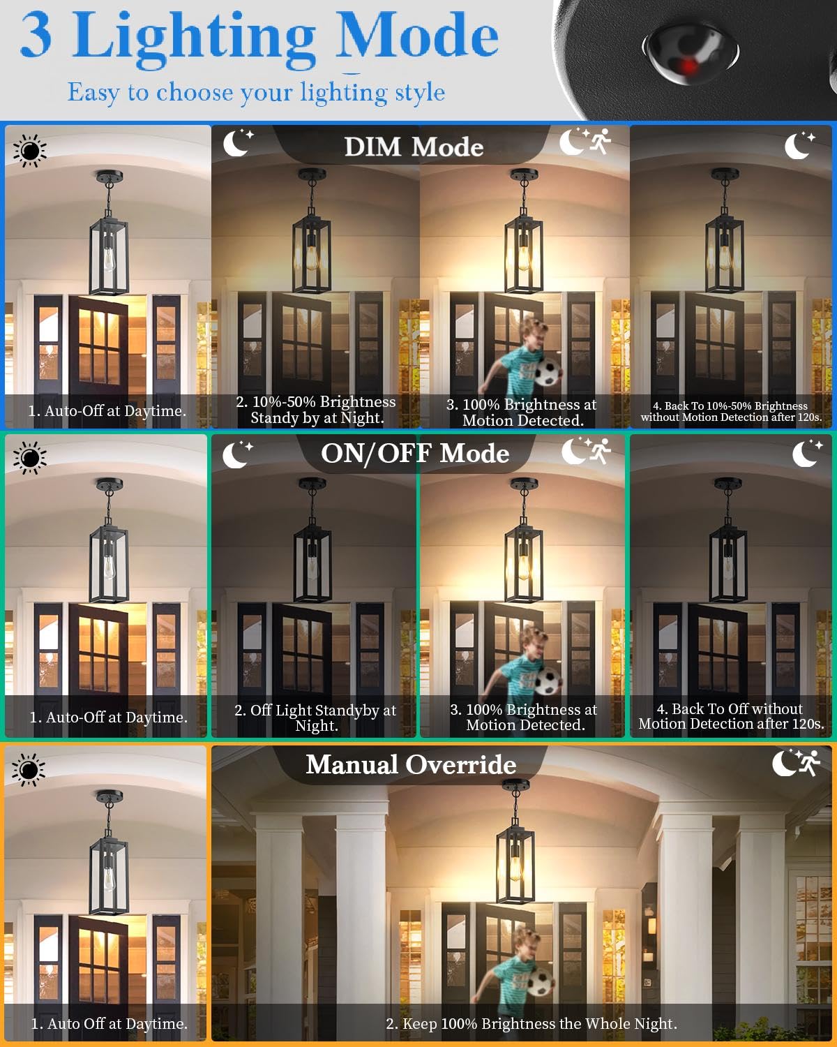 MYHXQ 15" Motion Sensor Outdoor Pendant Light, Black Aluminum Chandelier for Porch & Yard, Model MY-CL216A-BK