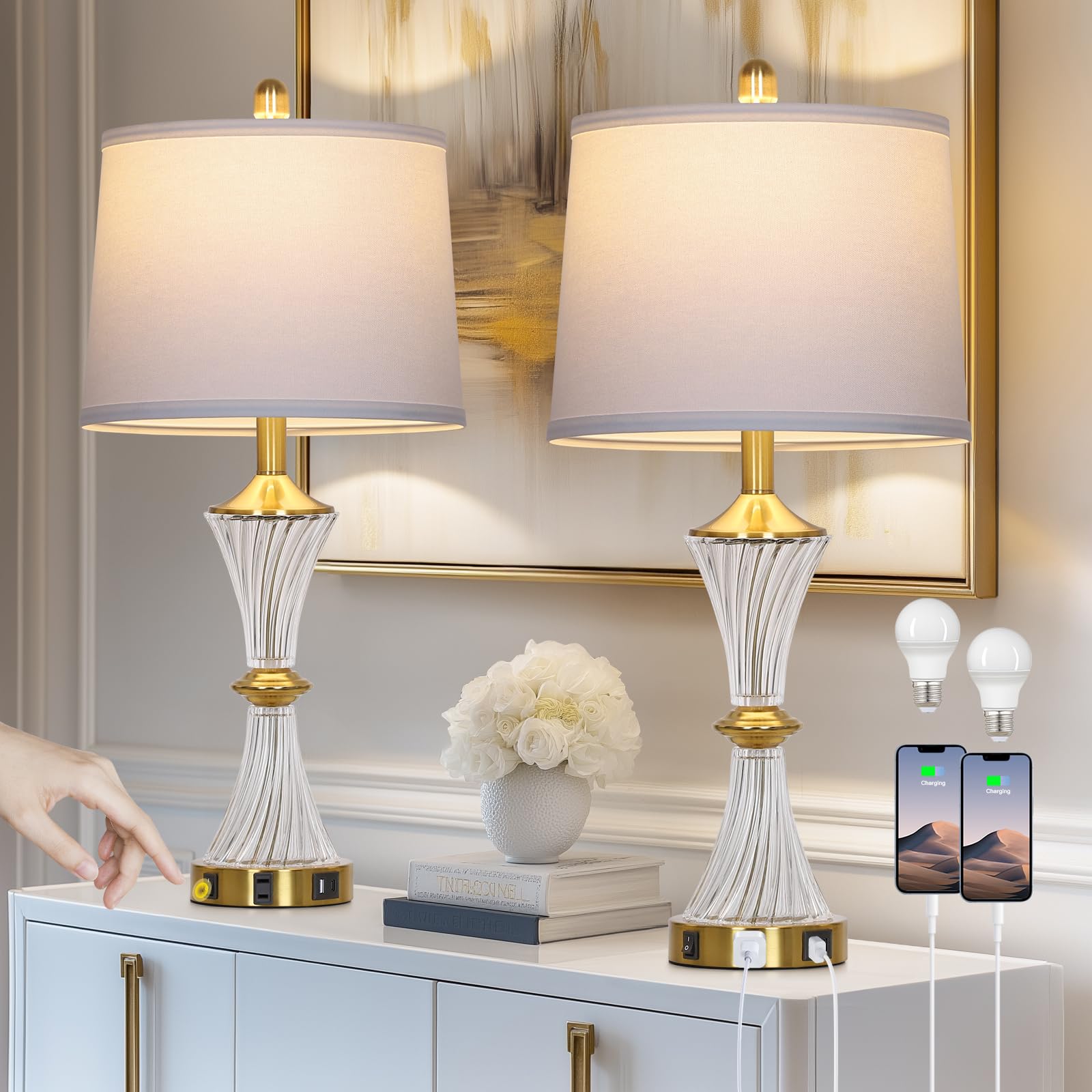Rinweey Crystal Glass Table Lamp Set of 2 with USB C+A Ports & AC Outlet, White Lamps, Modern Bedroom Lamps, Gold Lamps for Nigh