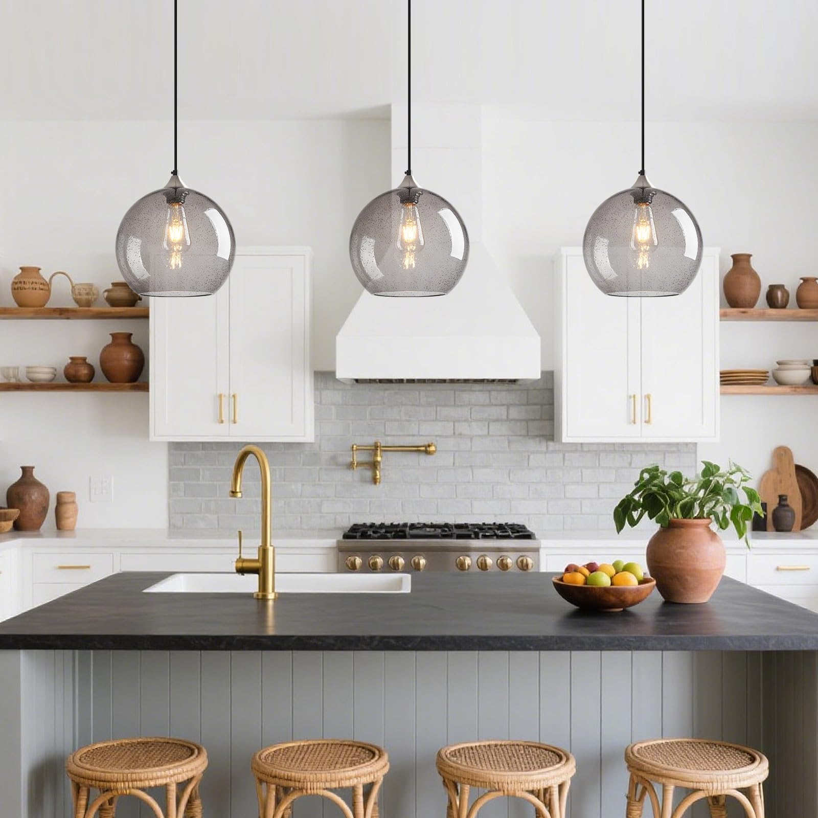 Lbsqj Light Grey Glass Pendant Lights Kitchen Island Globe Pendant Light Fixtures Modern Pendant Lighting For Bedroom Living Dining Room Light Fixture (9.84 In  3 Pack)