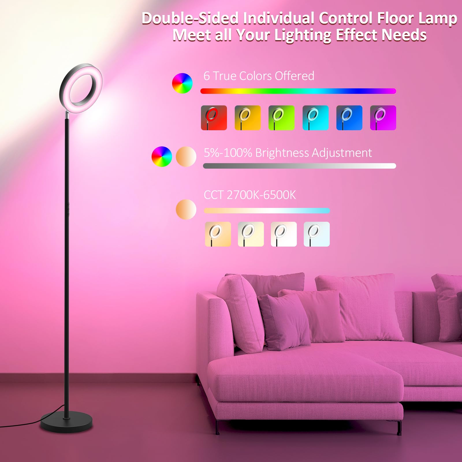 [2025 New]42W Dual-Sided Floor Lamp, Rgb Color Changing Led Standing Lamp With Remote, Stepless Dimmabe Warm/Neutral/Cool Floor