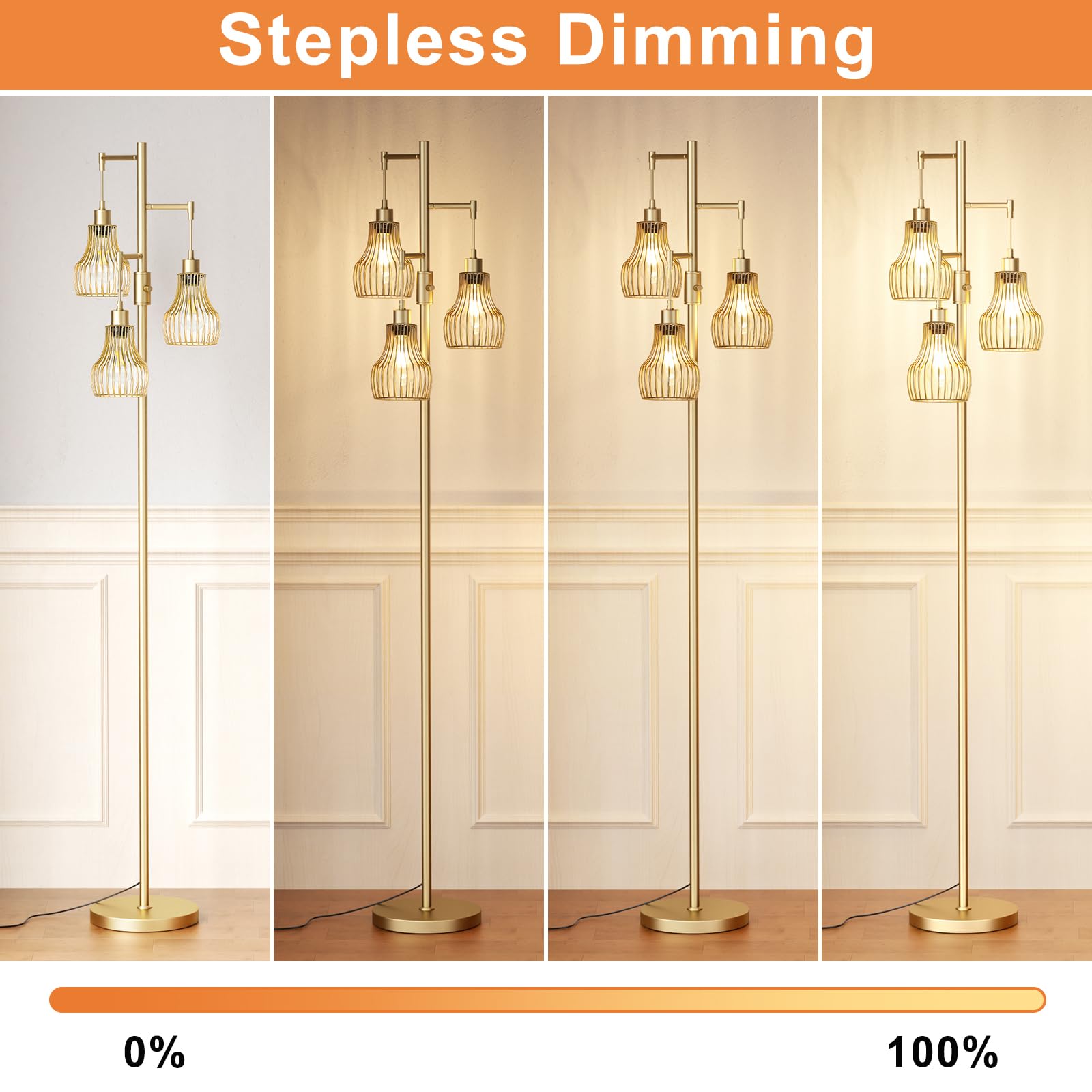 Ziisee Dimmable Gold Floor Lamps For Living Room, Industrial Tree Standing Tall Lamps With 3 Elegant Cage Shade & 800 Lumens Led