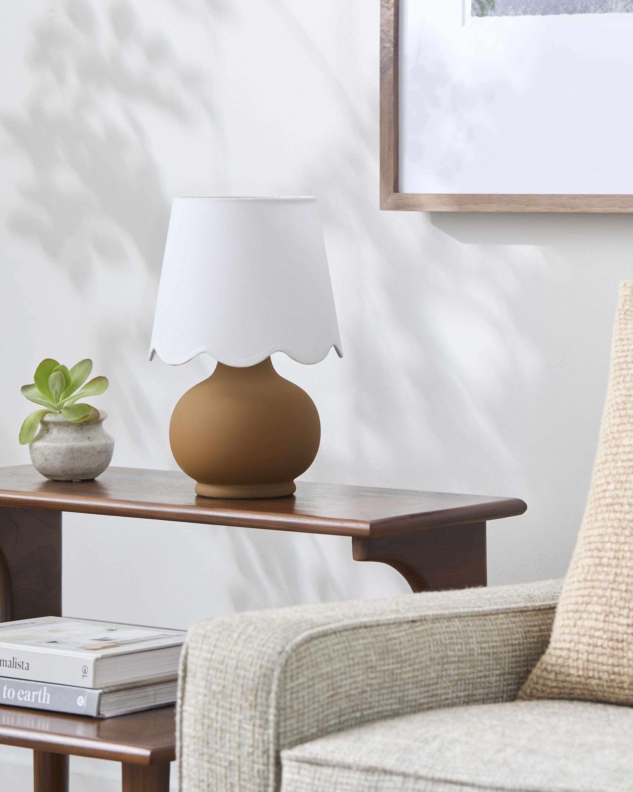 BoutiqueRugs Ceramic Bedside Table Lamp - 13inH, Boho Style, Cotton Shade, Tan/White, Model TXCHME8