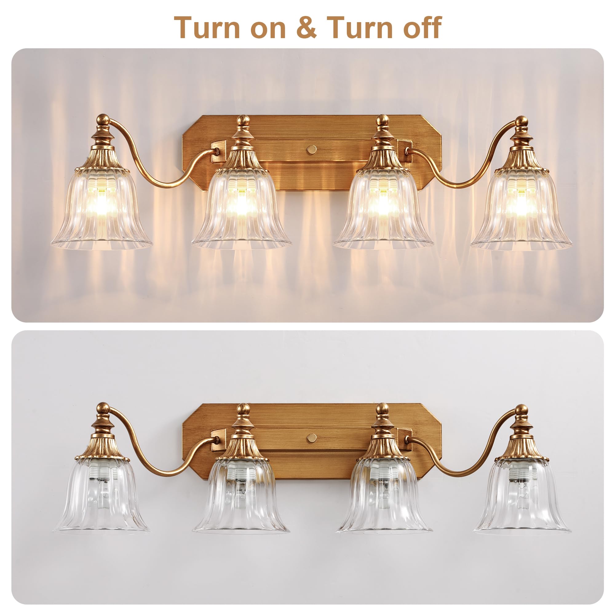 DvmTeom 4-Light Gold Vintage Bathroom Vanity Light Fixture, Antique Brushed Gold with Crystal Glass Shade, Model D6001