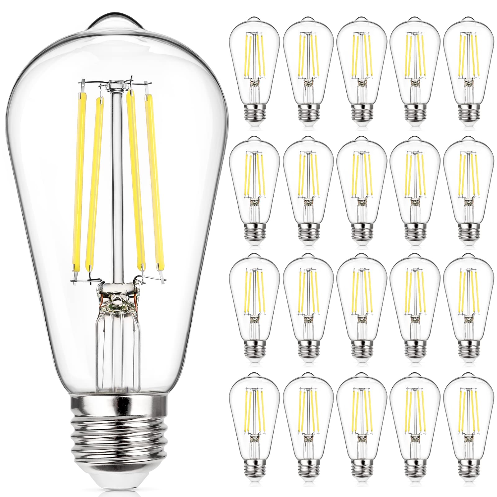 MAXvolador 20-Pack Vintage LED Edison Bulb Dimmable 60W Equivalent 850 Lumens, 6W Edison Light Bulbs 5000K, Antique ST58 LED Filament Bulb E26 Base