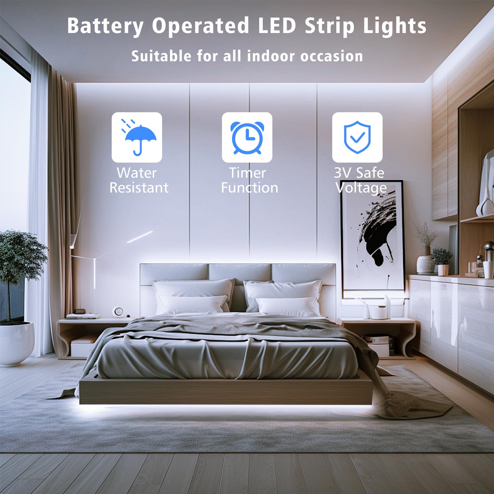 SMART DIRECT LED Strip Lights, 9.8ft, 90 LEDs, Battery Operated, Cool White, Waterproof, Flexible for Indoor/Outdoor Use