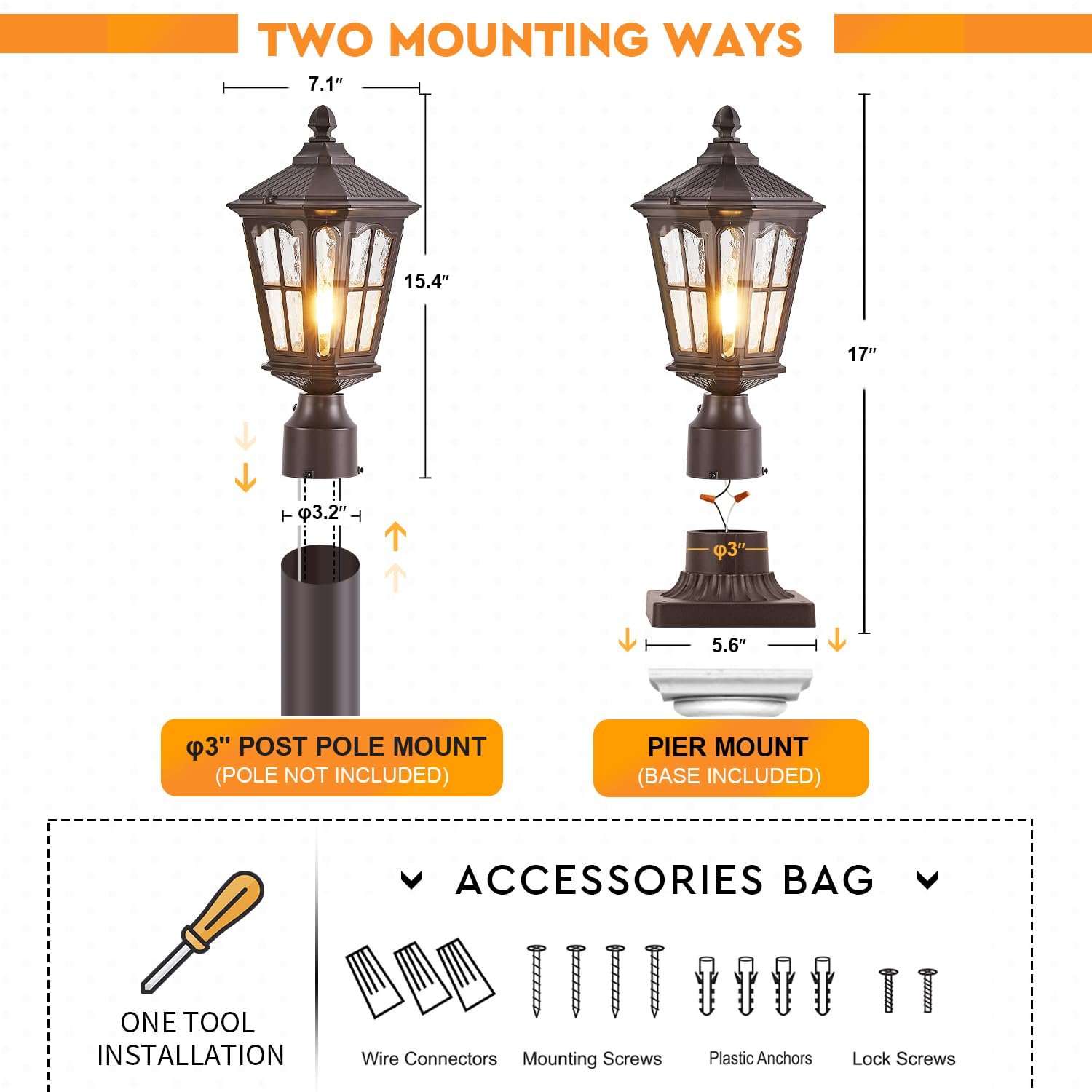 GYDZ Dusk to Dawn Outdoor Post Light, Aluminum Fixture with Water Ripple Glass, Oil Rubbed Bronze, Model B55VBR