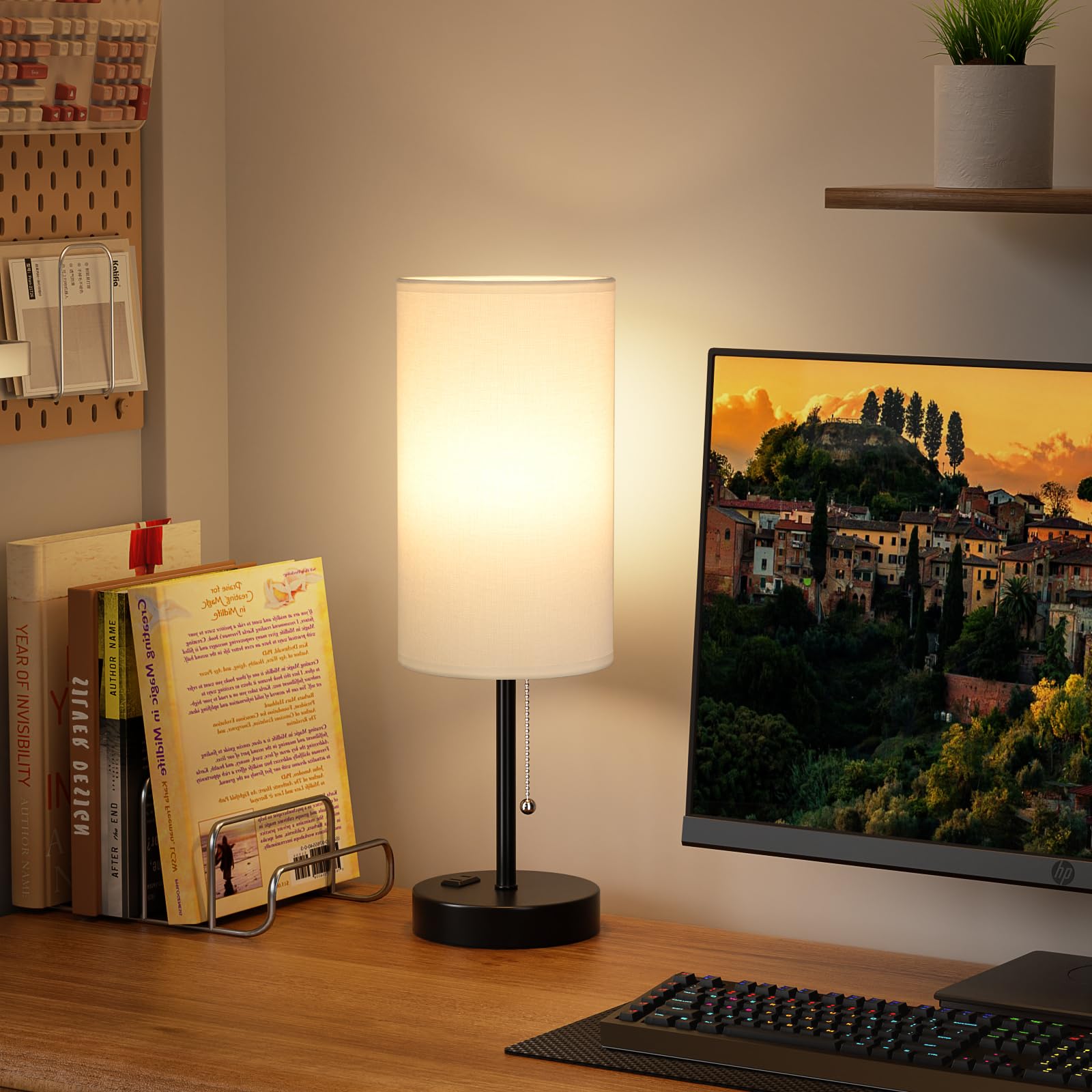 17.4Inches White Bedside Lamp For Bedroom Nightstand - Tall Lamp With Usb A + C Charging Port & Ac Outlet, 3 Color Temperatures