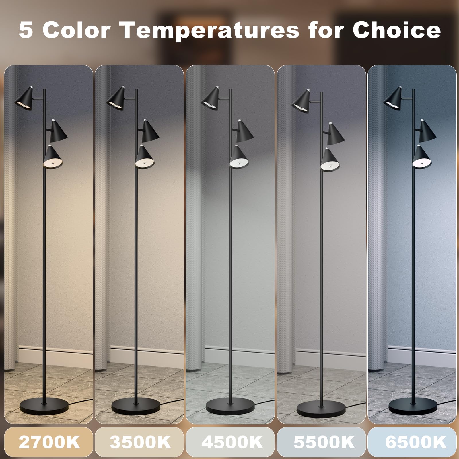 KimYan Tree Floor Lamp - Dimmable 3 LED Lights, 5 Color Temperatures, 63" Black, Model FL1 for Living Room, Bedroom, Office