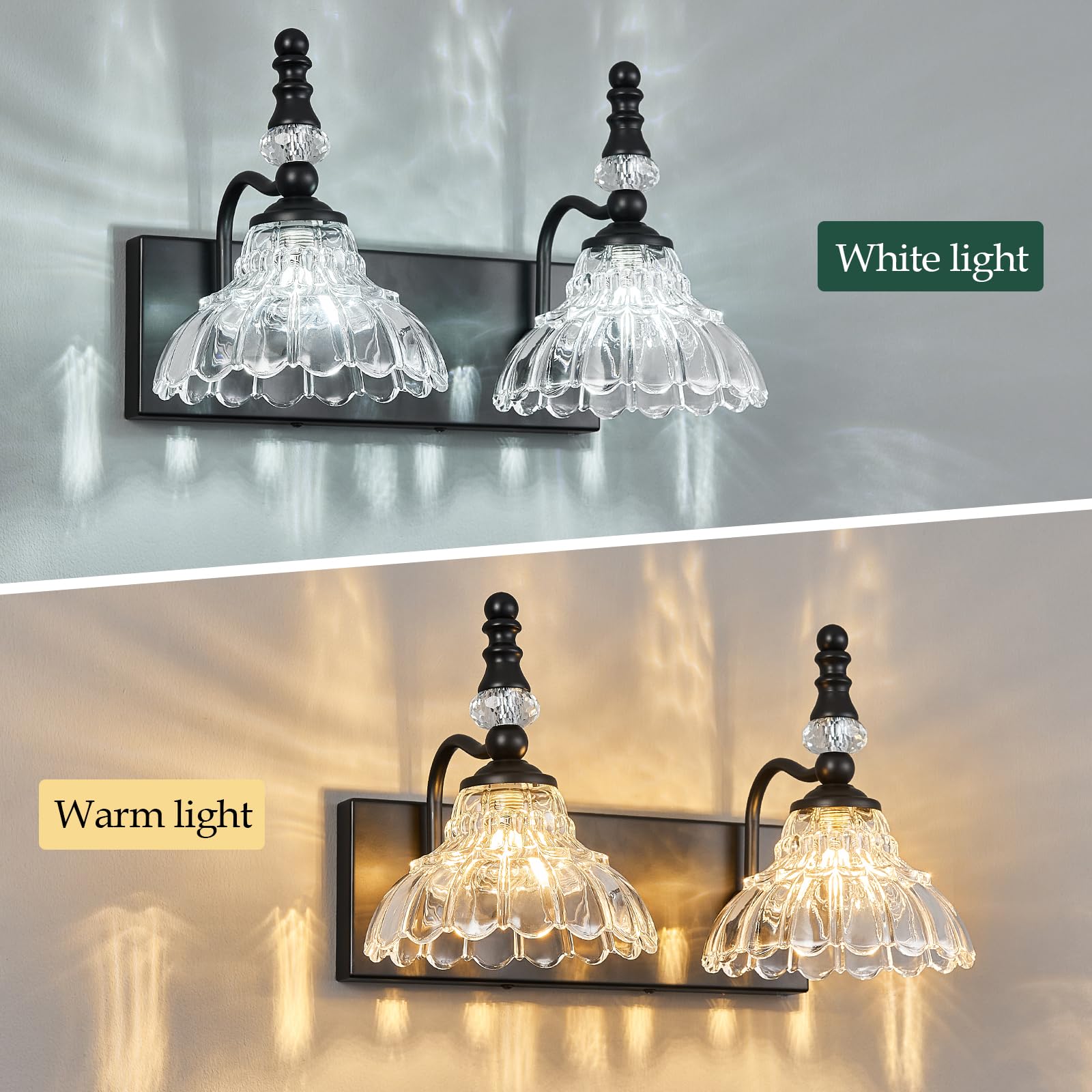 Lbsqj Vintage Bathroom Vanity Light  2-Light Black Vanity Lighting Fixture With Flower Glass Shade  Bathroom Lighting Fixtures Over Mirror