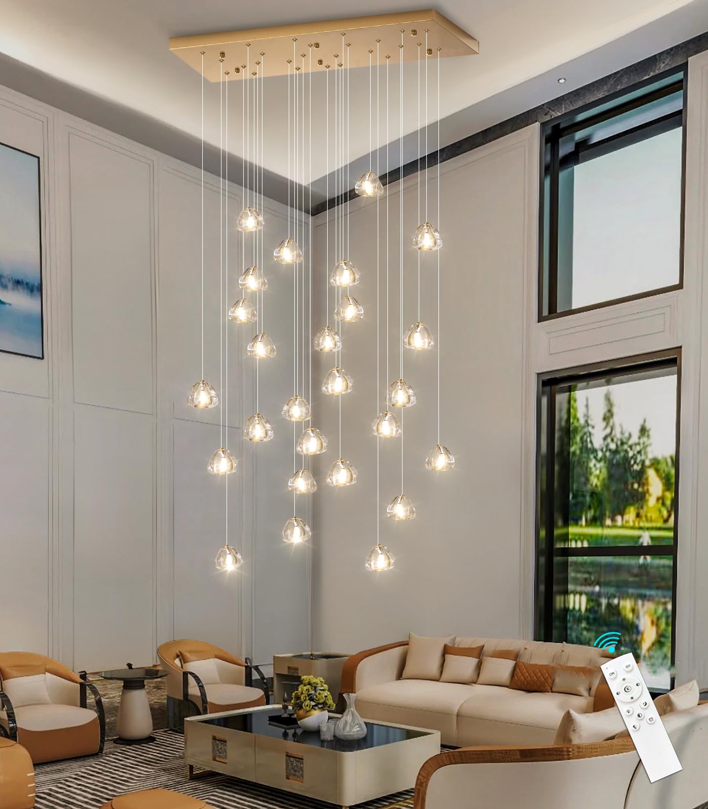 HAIXIANG LED Rectangular Chandeliers for Living Room Dining Room Light Dimmable High Ceiling Pendant Lights Fixtures Lighting 26