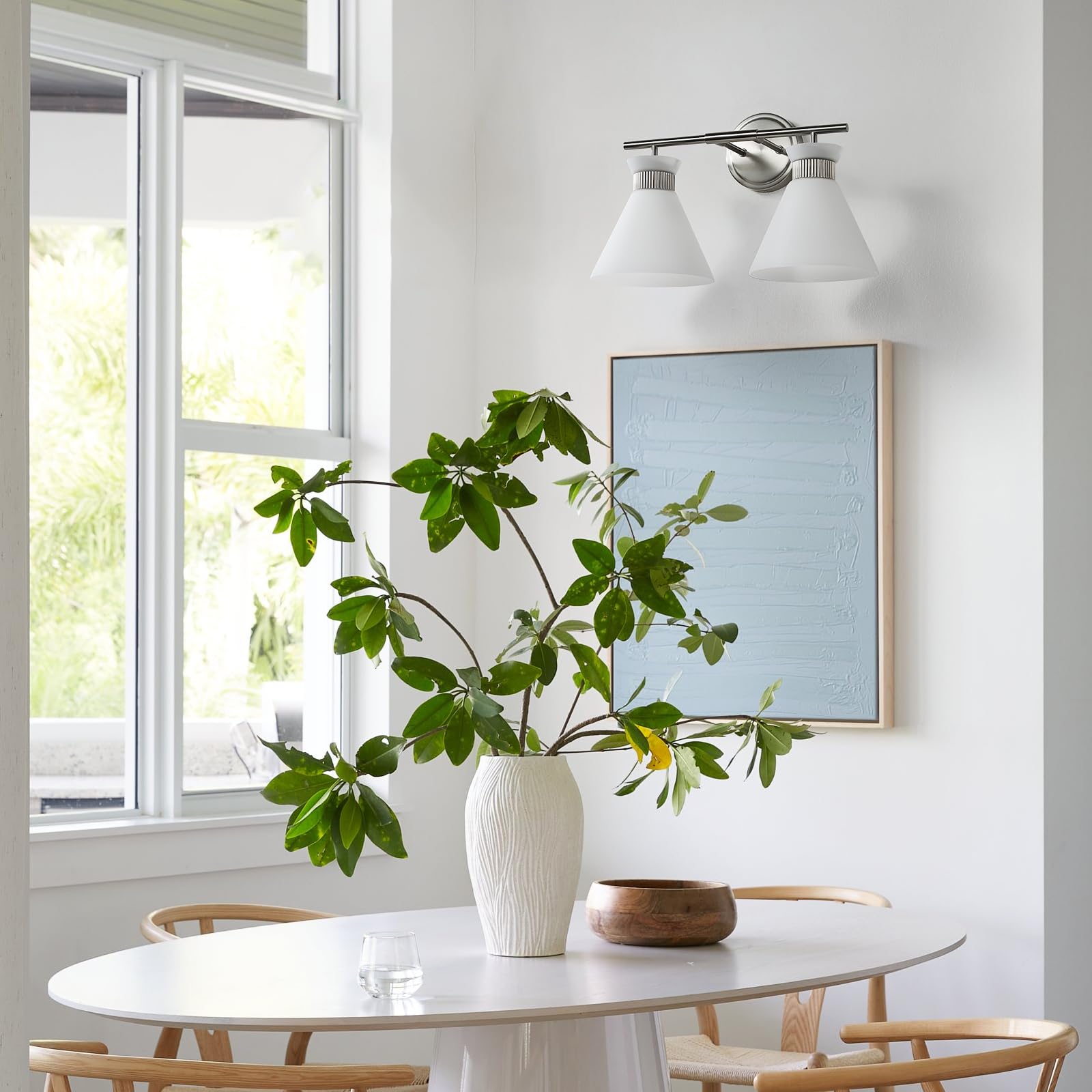 WOSHITU 2-Light Bathroom Vanity Light - Brushed Nickel with Milky White Glass Shade, Mid Century Style, Model 8090ML-02SN-US