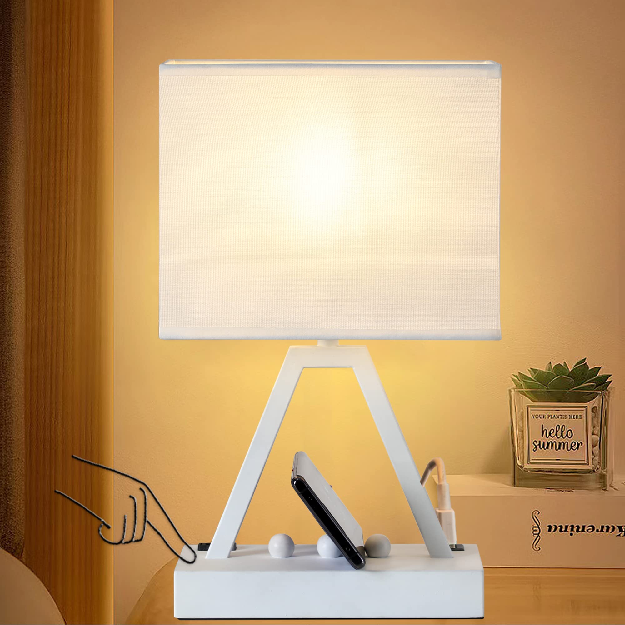 Briever Usb C Touch Control Table Lamp, 3-Way Dimmable Desk Lamp With Usb C & Usb A And Ac Outlet, Bedside Lamp With Phone Stands For Bedroom, Living Room, Office, Led Bulb Included, White