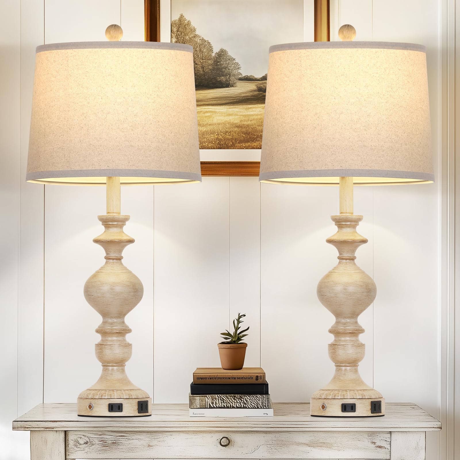 28'' Farmhouse Table Lamps Set Of 2, Rustic Lamp For Living Room With Usb C+A Ports & Ac Outlet, 3 Way Touch Control Resin Bedsi