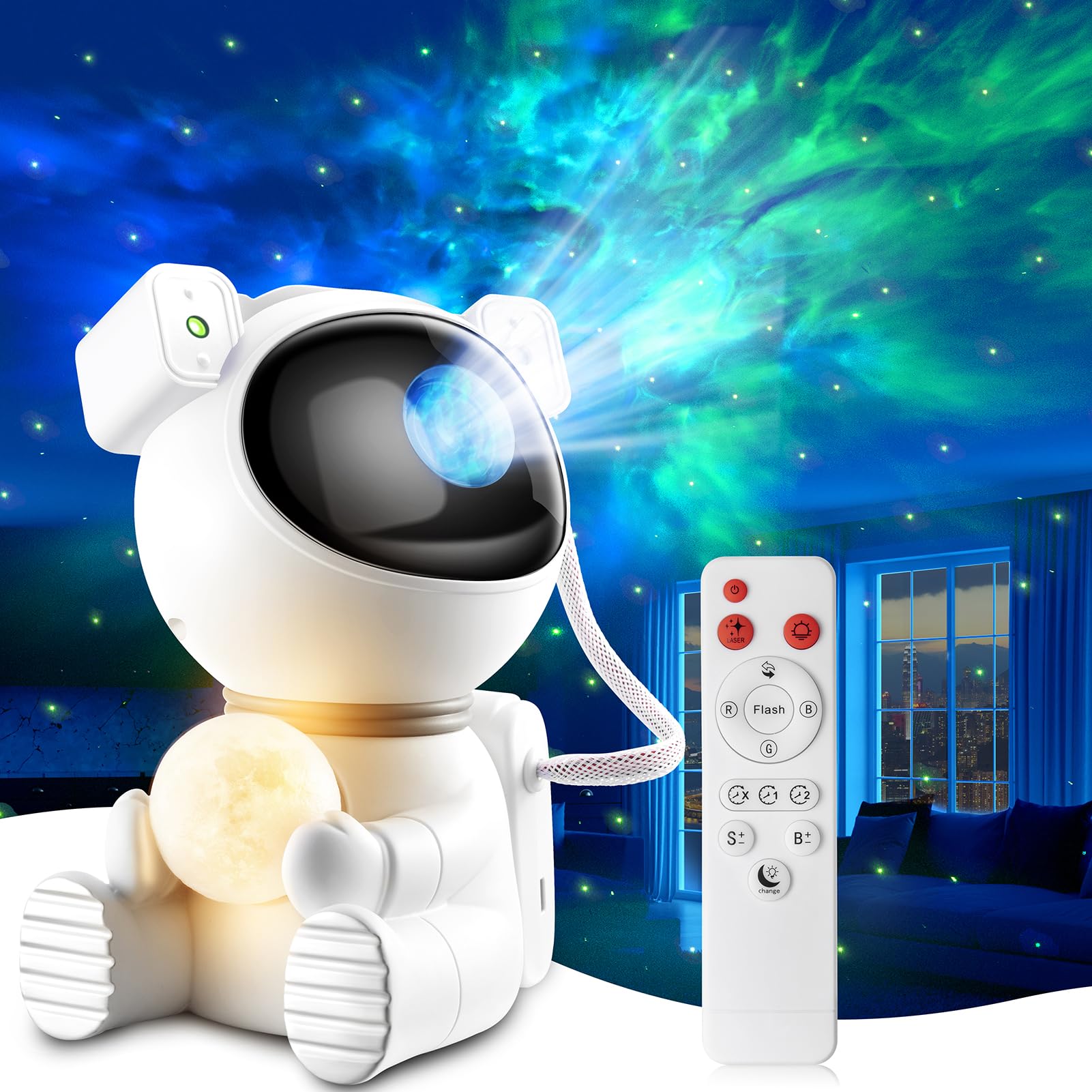 Aoshet Astronaut Galaxy Projector Light, 2-in-1 with Remote Control, Adjustable 360°, White, Model K970
