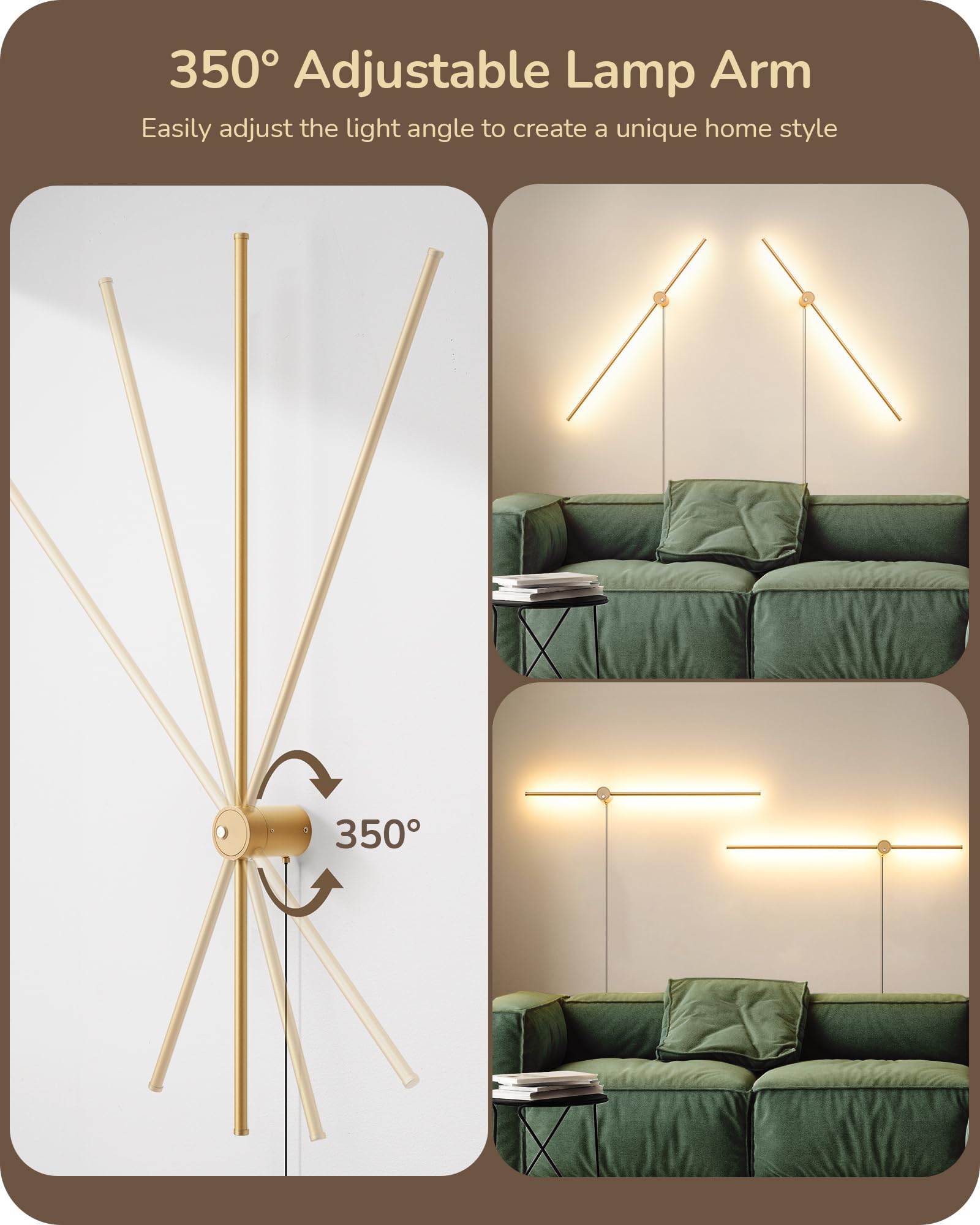 EDISHINE Dimmable Wall Sconces Set of Two, 39.4" Touch LED, Gold, 350° Rotation, Model EDISHINE-WS394-TR350