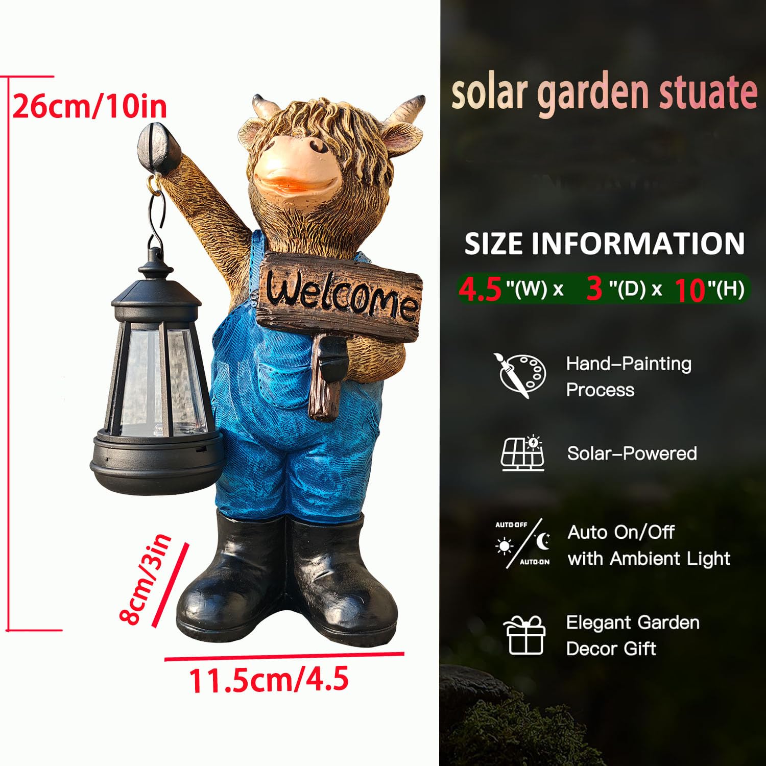 Solar Garden Statues -Highland Cow Lantern Outdoor Handmade Resin Statue With Led Light  And Welcome Holder For Patio  Yard  Gift Ideas (Cow2)