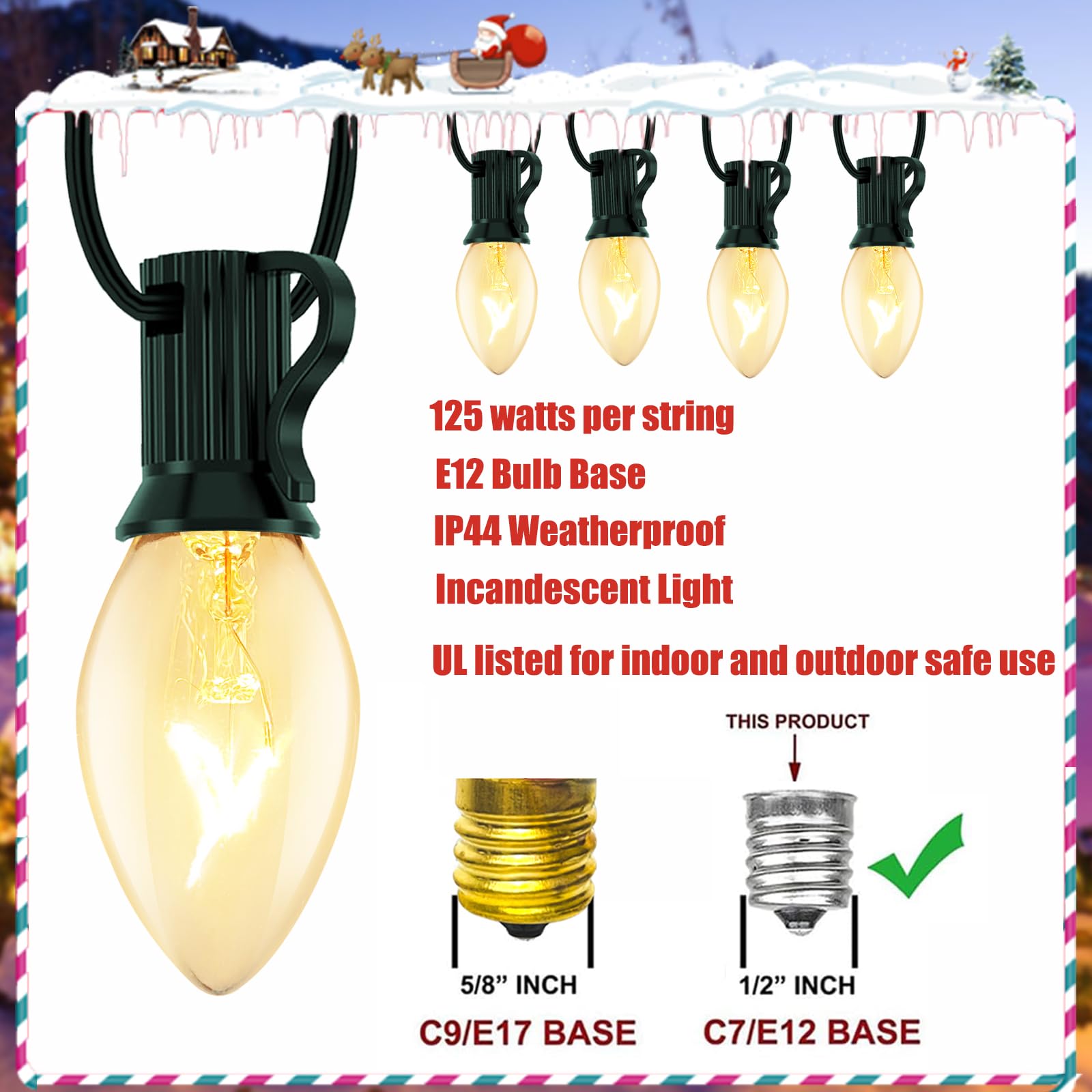 C7 Clear Christmas Lights, 25Ft Outdoor Christmas String Lights With 27 Warm White Incandescent Bulbs, Connectable Vintage Chris