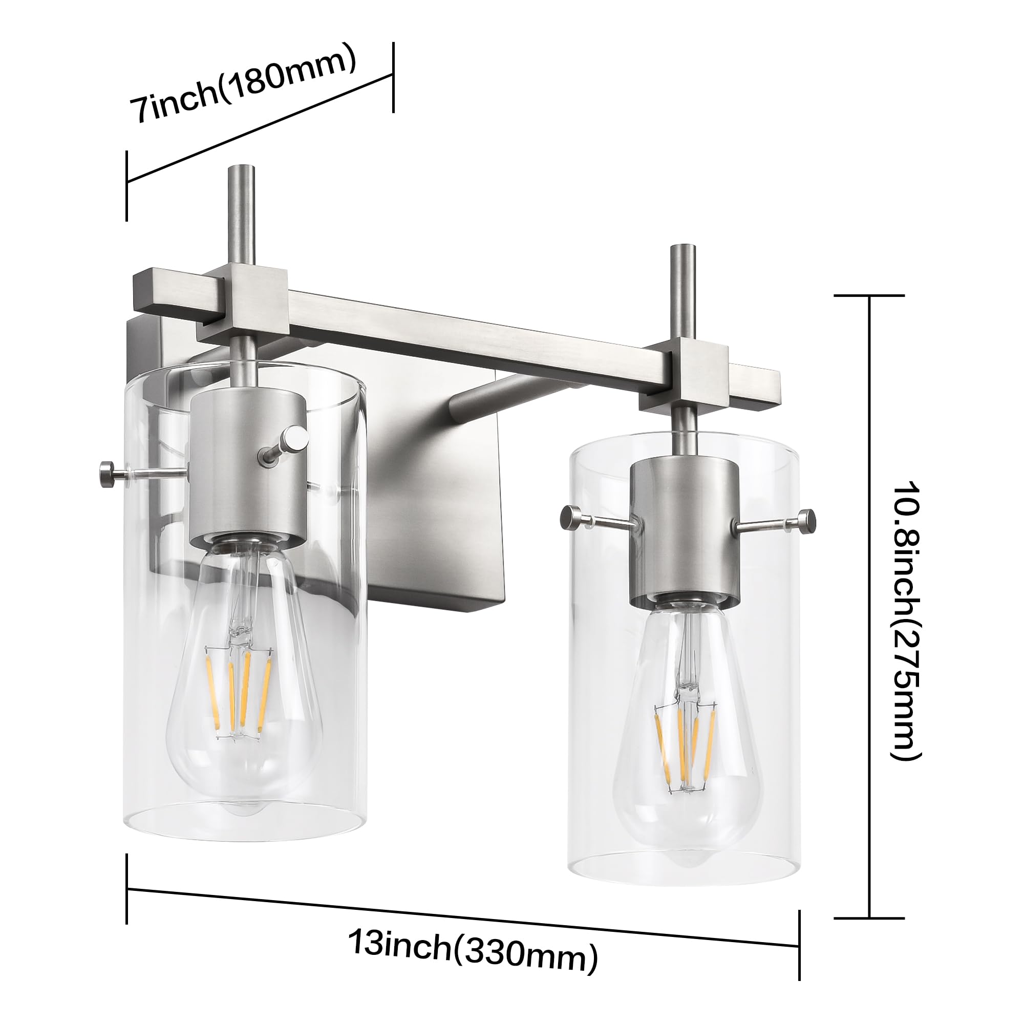 Solfart 2 Light Wall Scone Vintage Vanity Light Fixtures Brushed Nickel Wall Light For Bathroom Lights Over Mirror With Glass Sh