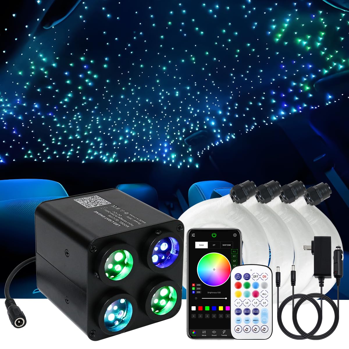 AKEPO Car Starlight Headliner Kit 36W 4 Color Twinkle Fiber Optic Lights, 4-Head RGBW Light Engine+1500pcs 0.03in 13.1ft Optical