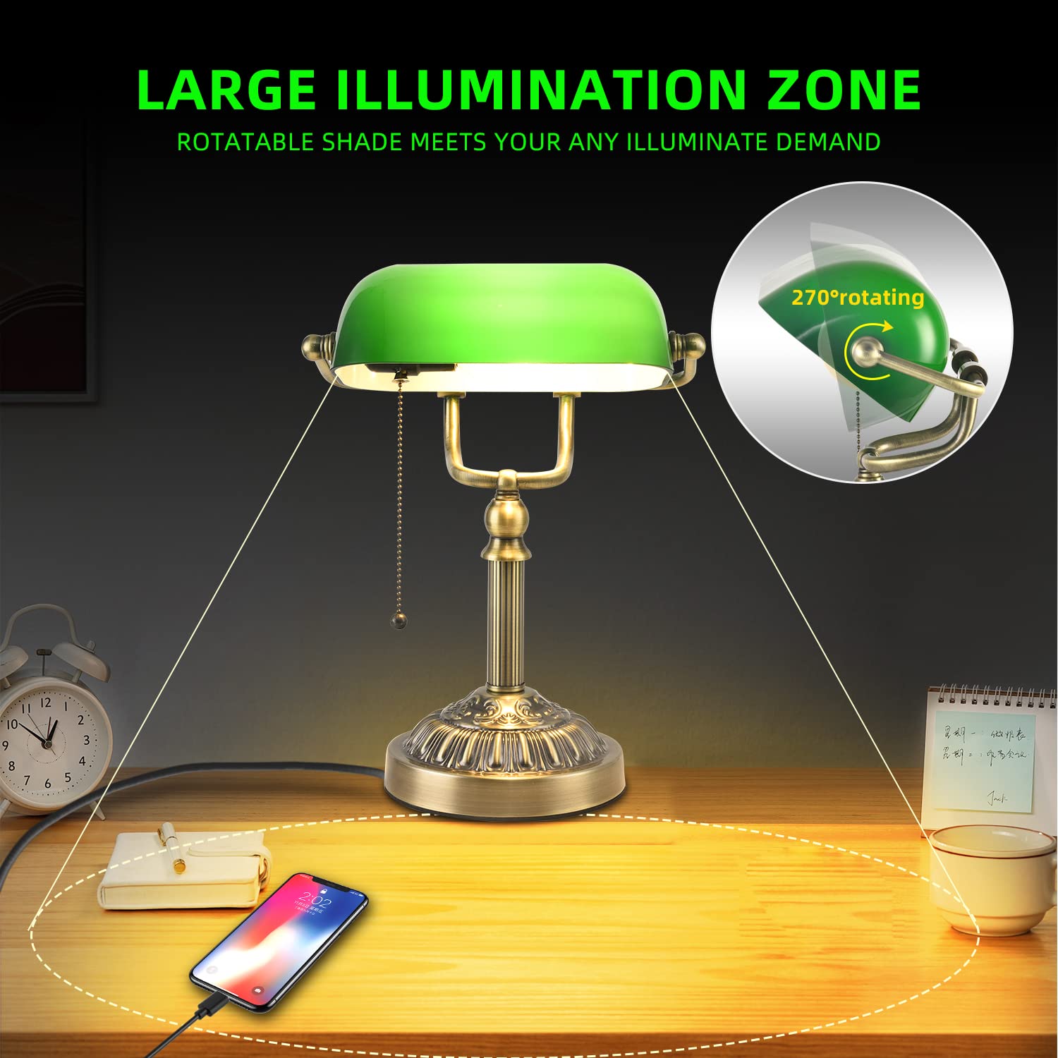 Rizzyluz Vintage Green Glass Bankers Desk Lamp with USB Port, Metal, Model RZ-MT0249 AB