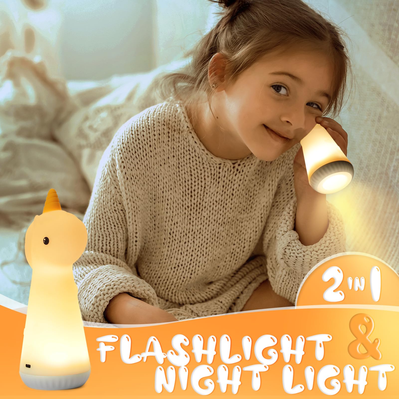 ShaArkMango Kids Flashlight with Night Light Rechargeable LED Dimmable Night Light Toddler Bed Room Playing in Dark Handheld Eme