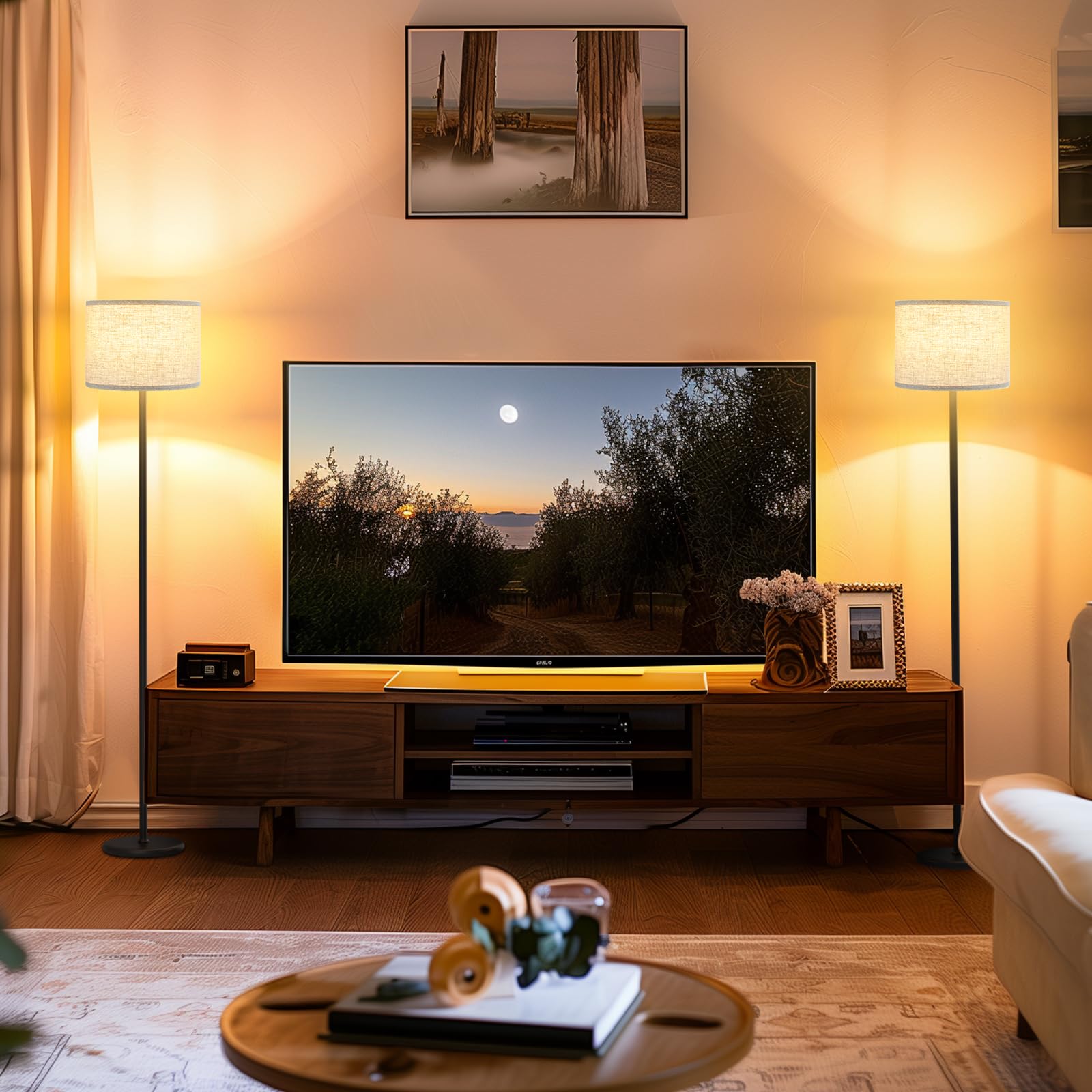 Ambimall 61'' Modern Floor Lamp With Shade, Tall Lamps For Living Room, Bedroom, Office, Dining Room, Beige Shade With Black Pol