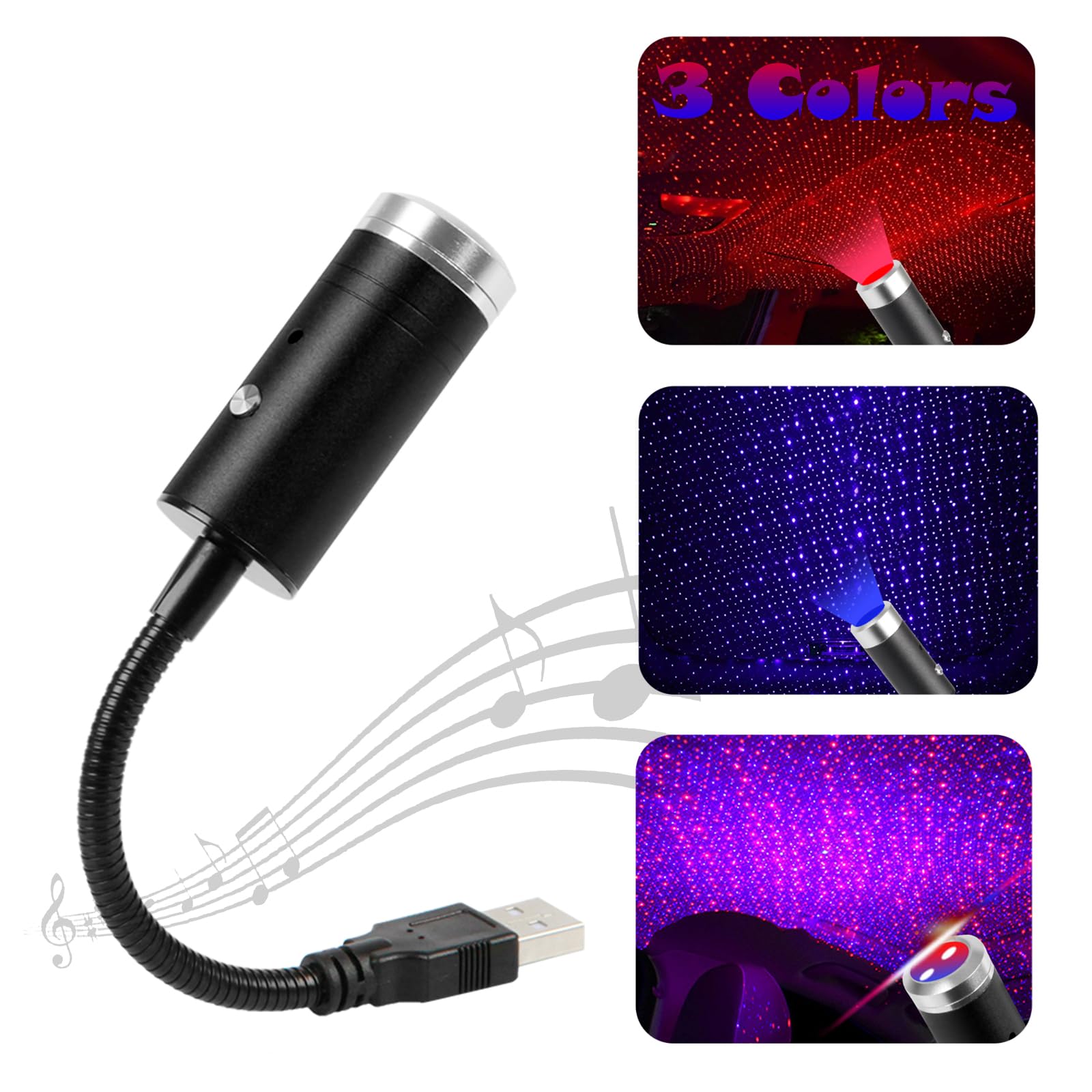 Aevdor USB Star Light Sound Activated, 3 Colors + 9 Functional Modes, Car Ceiling Interior Light, Romantic USB Night Light Decor