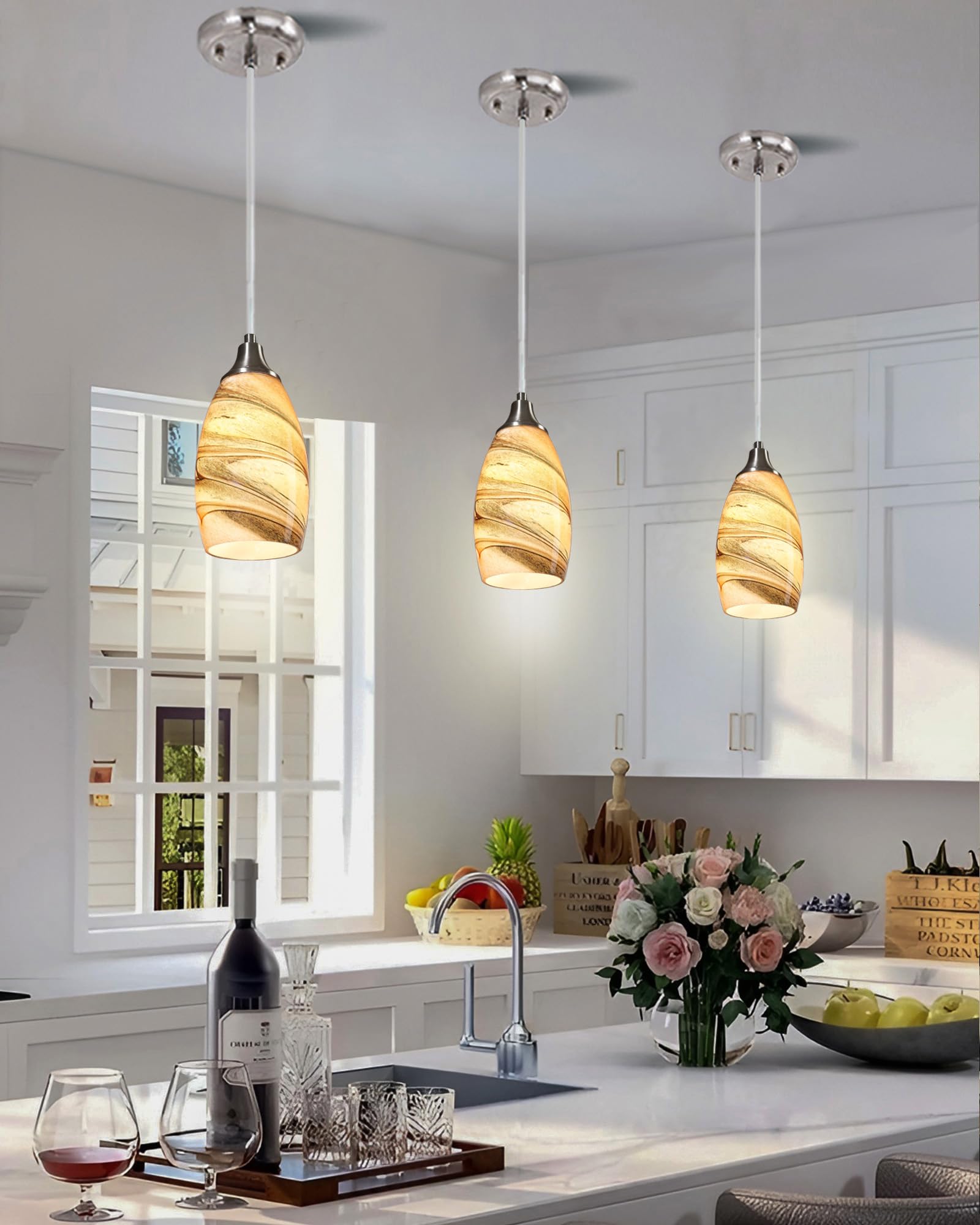 karyfine Mini Pendant Light Brown Glass Shade Adjustable Cord Kitchen Island Light 1001AP