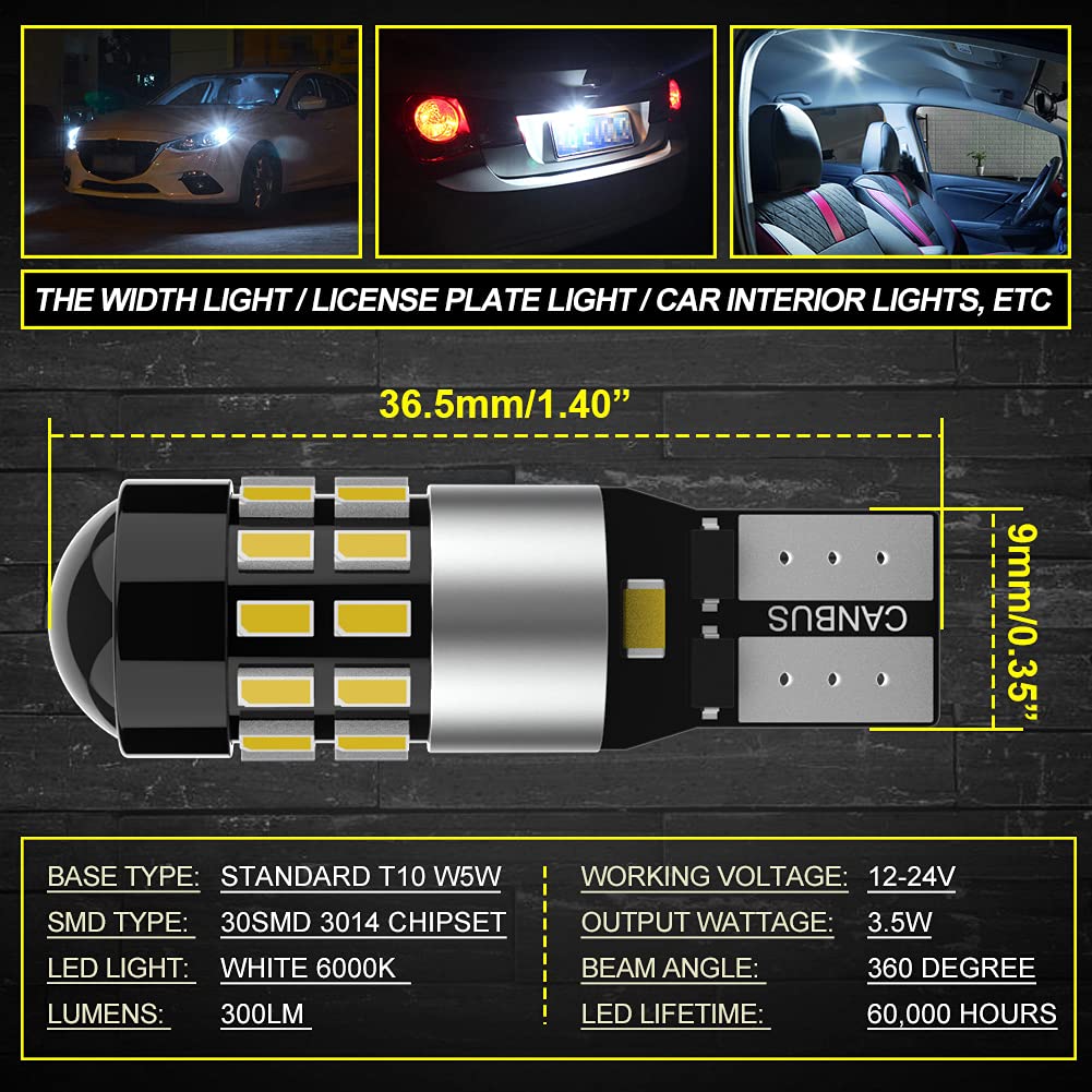 NATGIC 6000K White W5W 194 LED Bulb for Sidelight,Interior Light,License Plate Bulb,168 T10 LED Bulb Canbus Error Free,921 2825