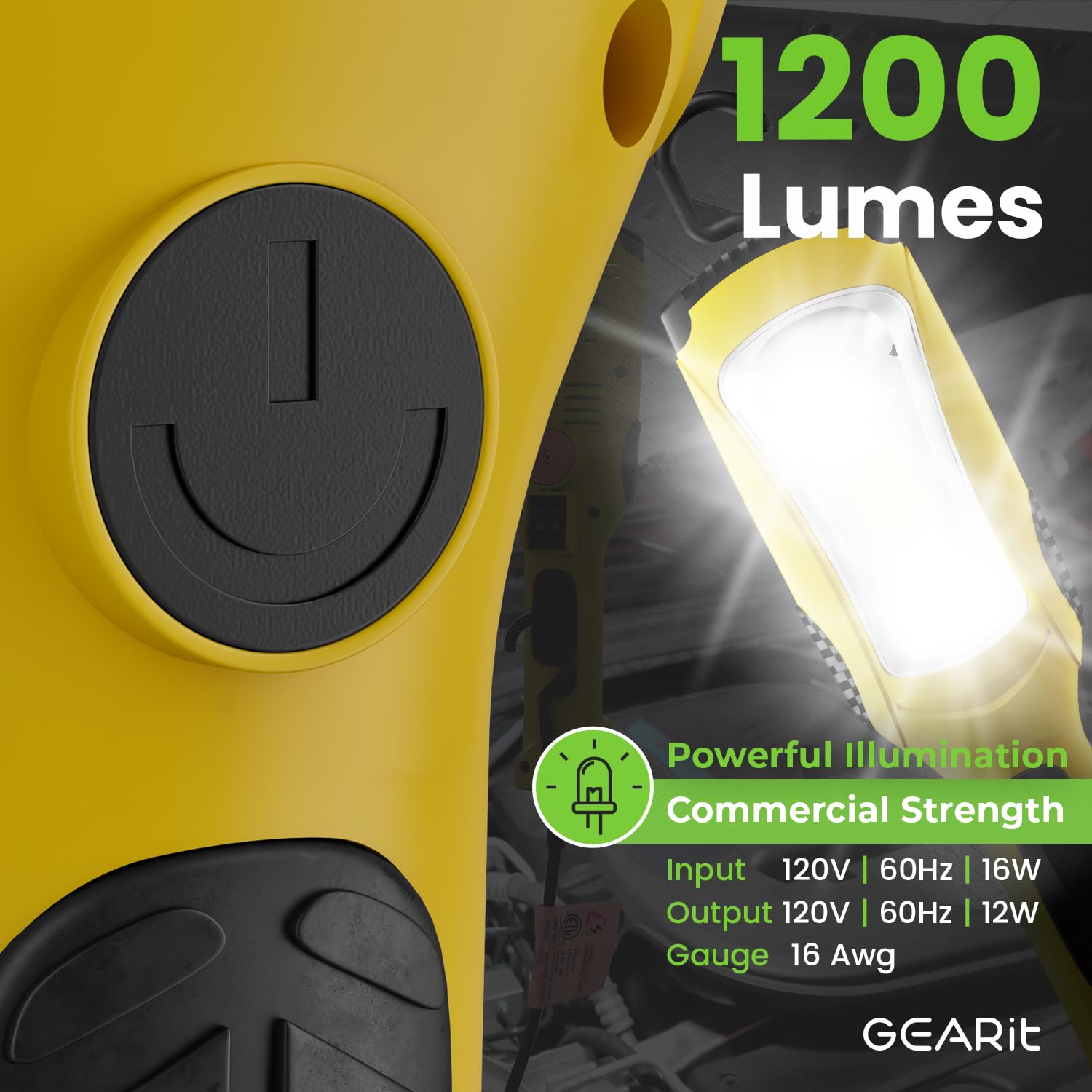 Gearit Led Work Light (20 Feet) 1200 Lumen Cob Led - 16 Gauge Sjtw Indoor/Outdoor Nema 5-15R Extension Cord - Handheld, Rotating Hanger, Magnetic Base For Auto Mechanic And Construction - 20Ft