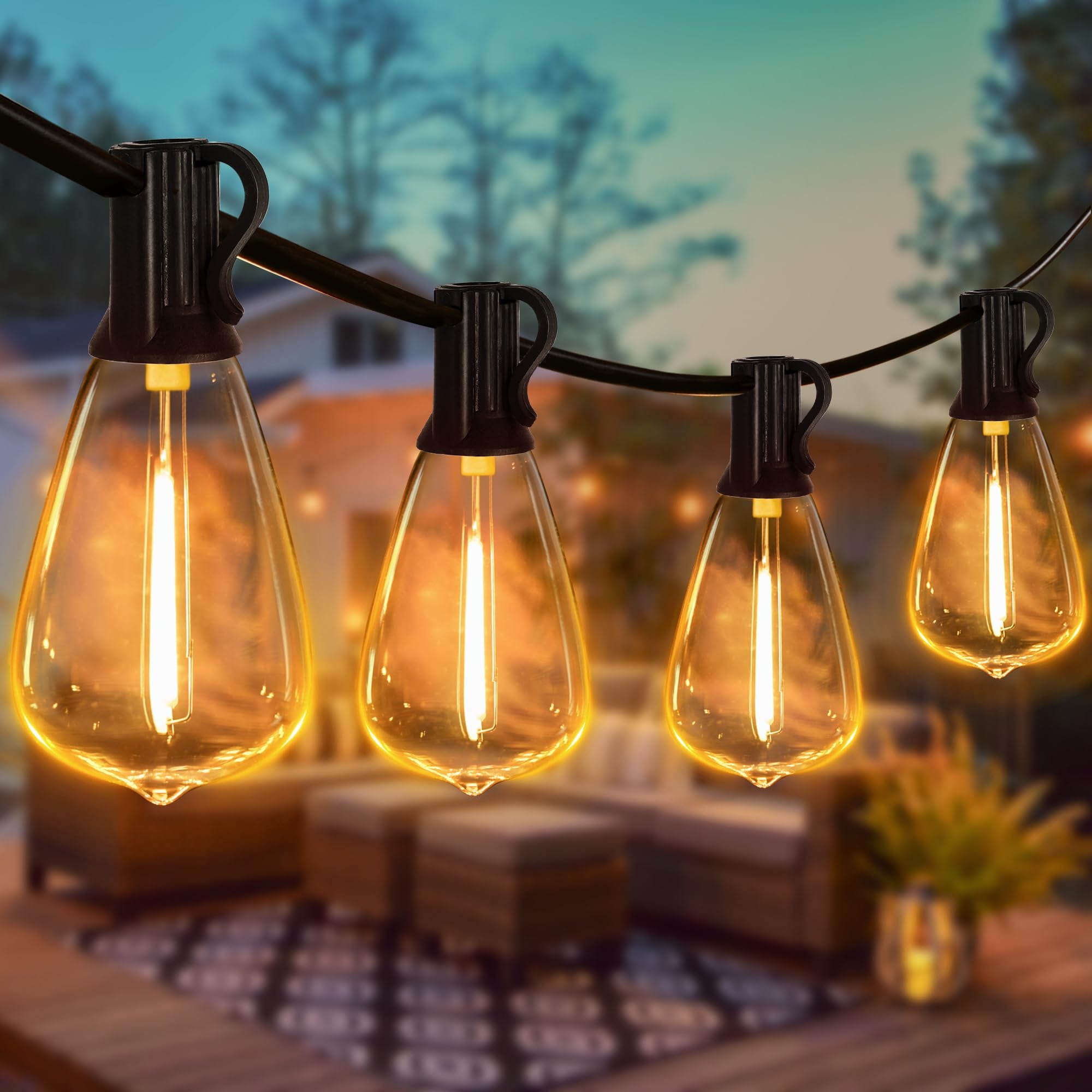 Ollny Outdoor String Lights 30FT, Shatterproof Connectable Patio Lights with 15+1 Spare ST38 Vintage Bulbs, 2200K Warm White Wat