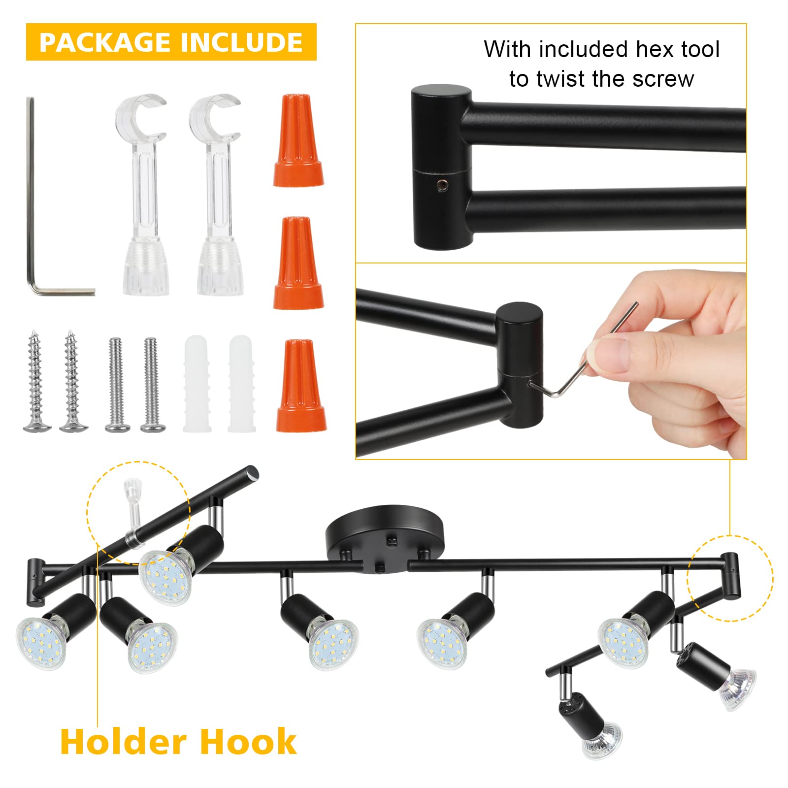 Unicozin LED 8 Light Track Lighting Kit, Black, Metal, 8 Way Ceiling Spot Lights, Includes 8 x 4W GU10 Bulbs, Daylight White 5000K