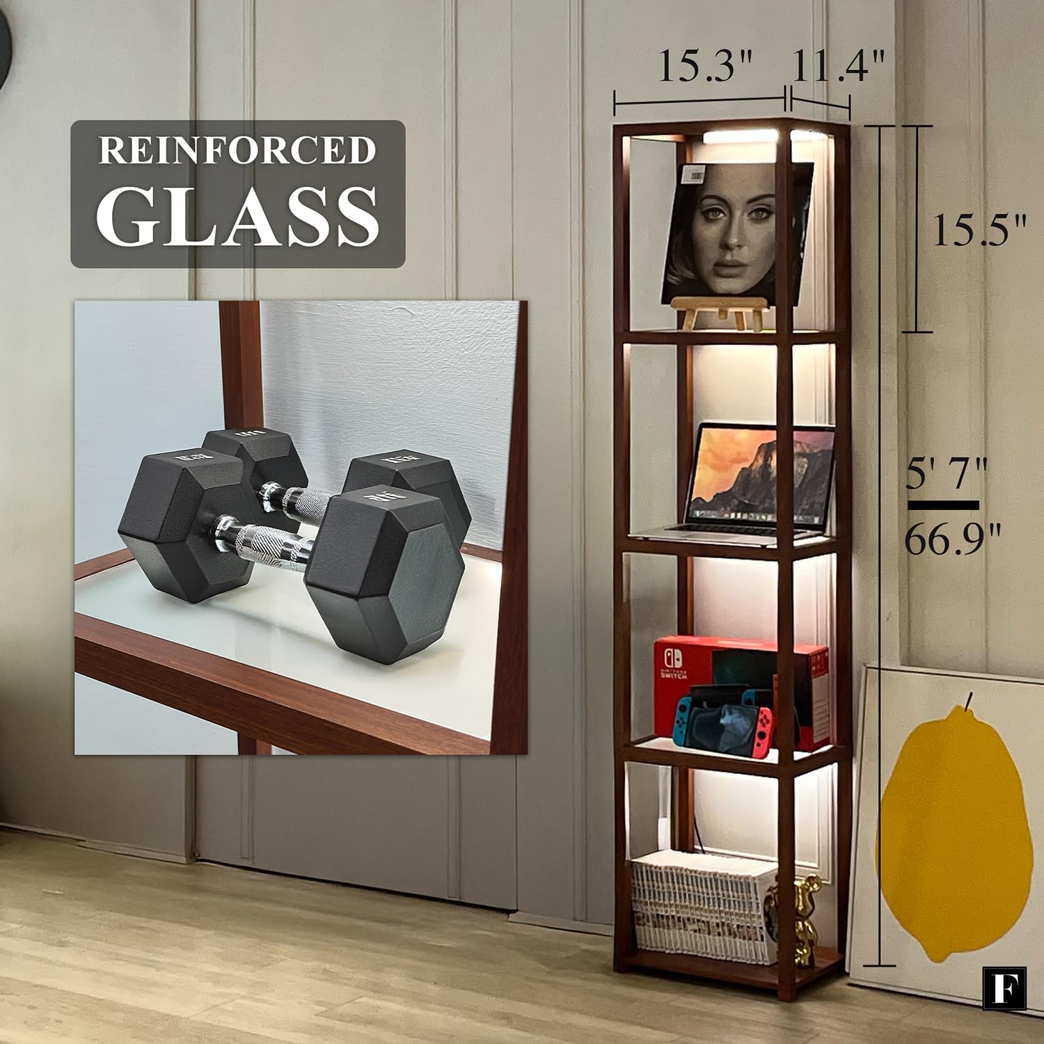 FENLO LED Display Shelf Unit, Dimmable Glass Curio Cabinet, Walnut, Model FEN-109-CCT-WA, Remote Control, Adjustable Lighting