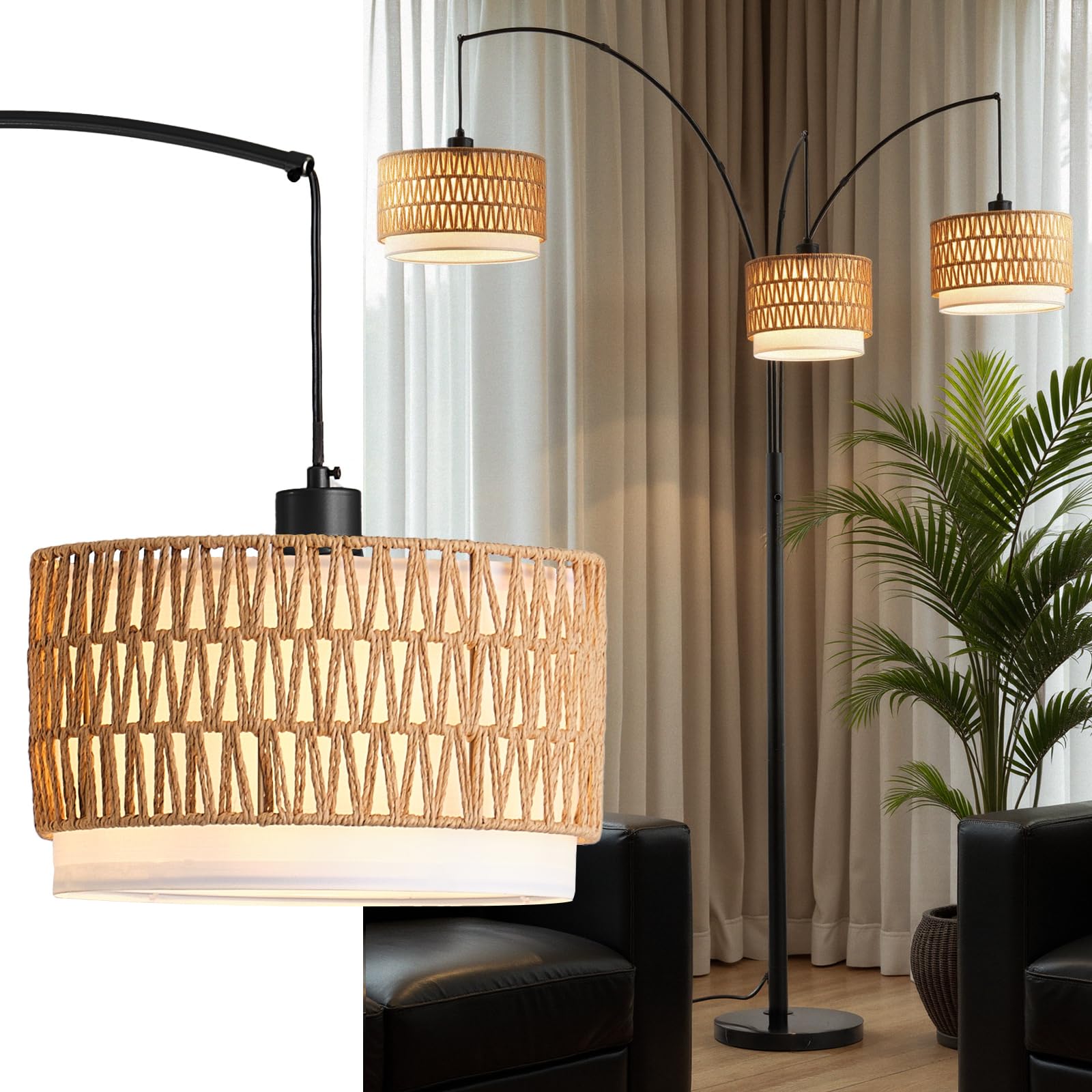 GHCKER Rattan Floor Lamp for Living Room, 80 Inch Tall Boho Floor Lamp with Rotary Switch, 3 Lights Arc Lamp with Wicker Shade f