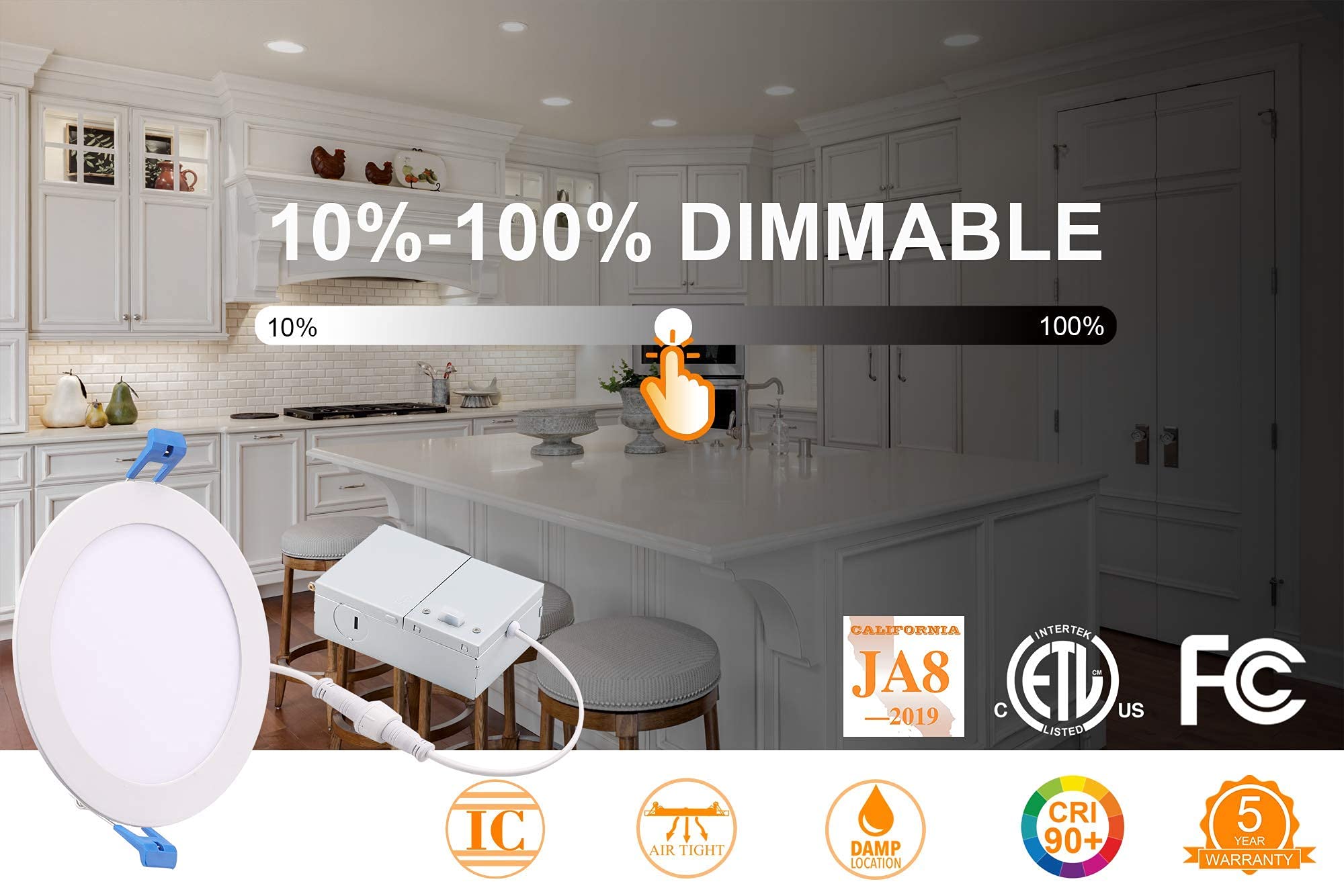 CLOUDY BAY 6 Inch Dimmable Ultra Thin LED Recessed Light, 15W, 3000K/4000K/5000K, CRI 90+, Air
