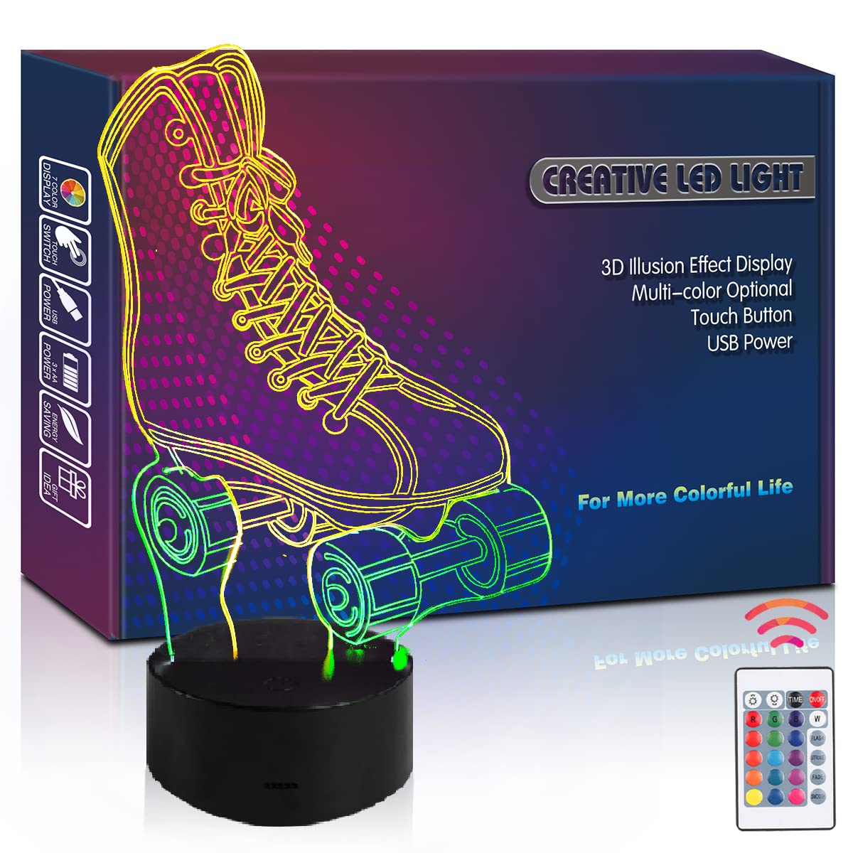 HIPIYA Roller Skate LED Night Light - Multicolor 3D Illusion Lamp for Kids and mature-themeds - USB Powered Room Decor