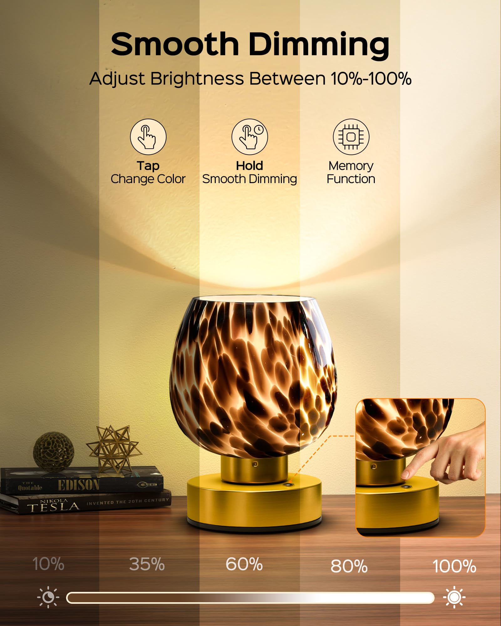 JACKYLED Cordless Touch Lamp - 3 Color Modes, Dimmable, Rechargeable, Metal, Brown, Model JKTL15-7003401AUS, Ideal for Small Spaces