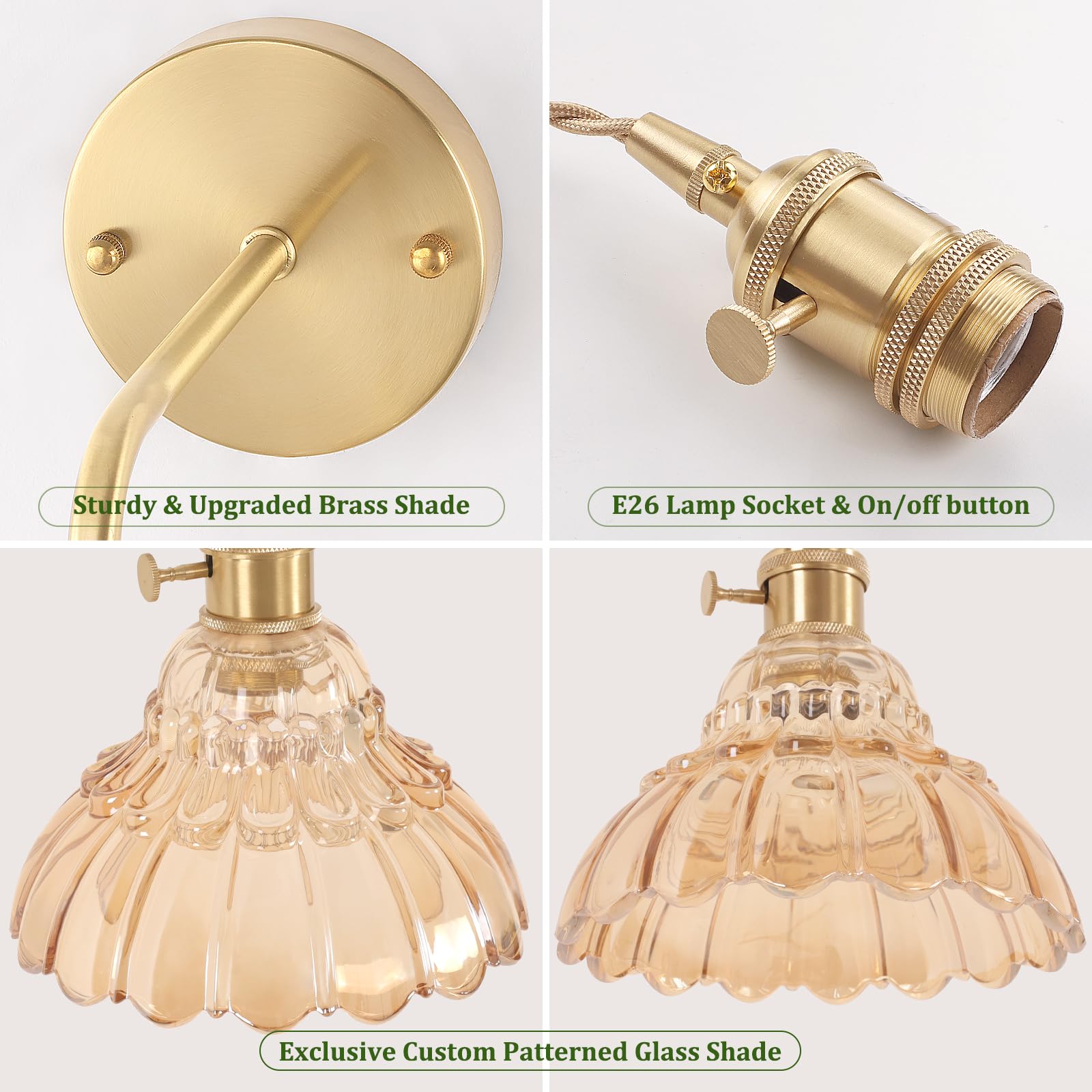 Shenmoyl Vintage Wall Sconce, Amber Lily of The Valley Glass Shade, Adjustable Chain, Hardwired, Gold, Model 1-9492