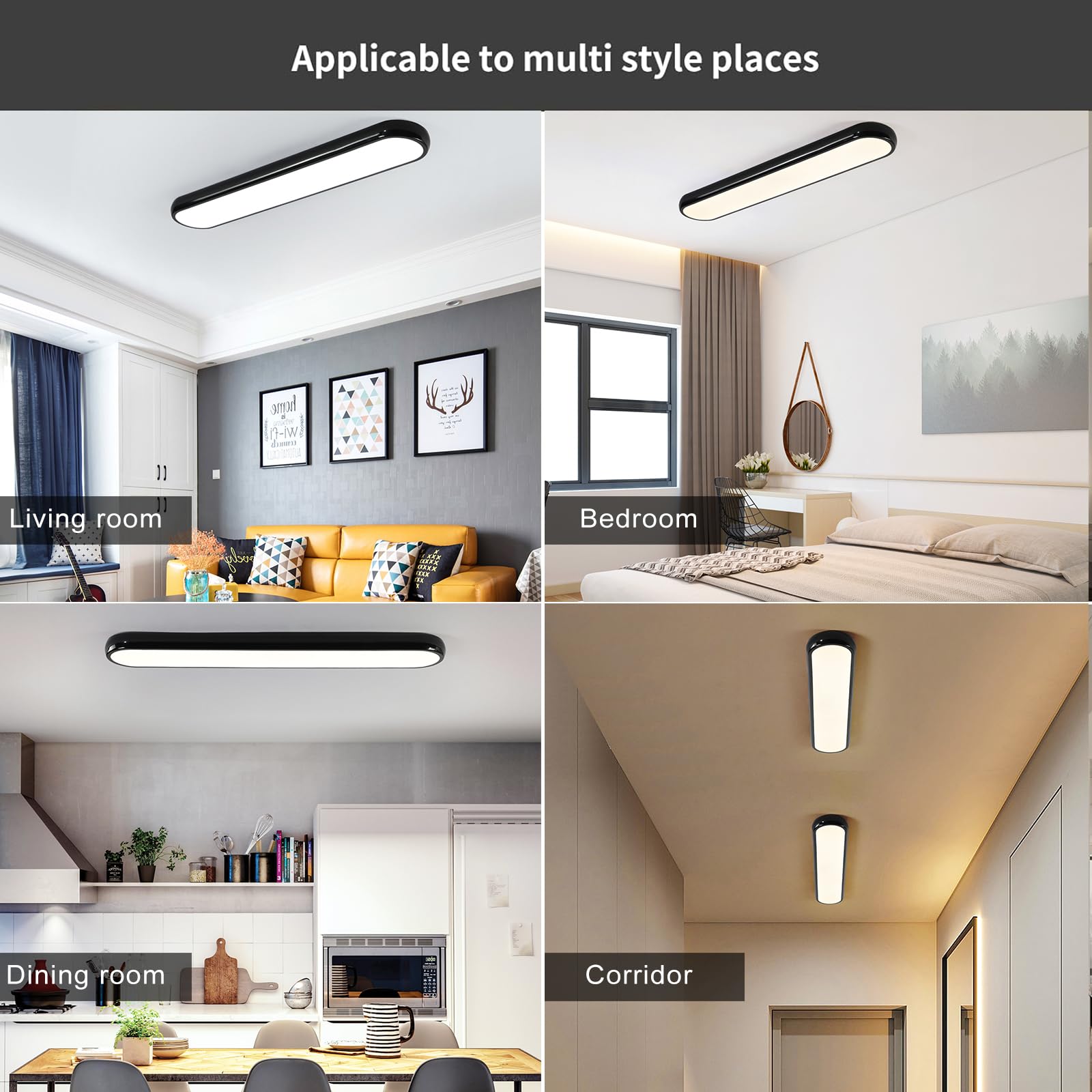 Qcyuui Modern Led Ceiling Light Dimmable Semi Flush Mount Ceiling Light 39.4 In Long Ceiling Light Fixture Kitchen Lighting Fixtures Ceiling For Office Bedroom Hallway(Black/48W/3000-6500K)