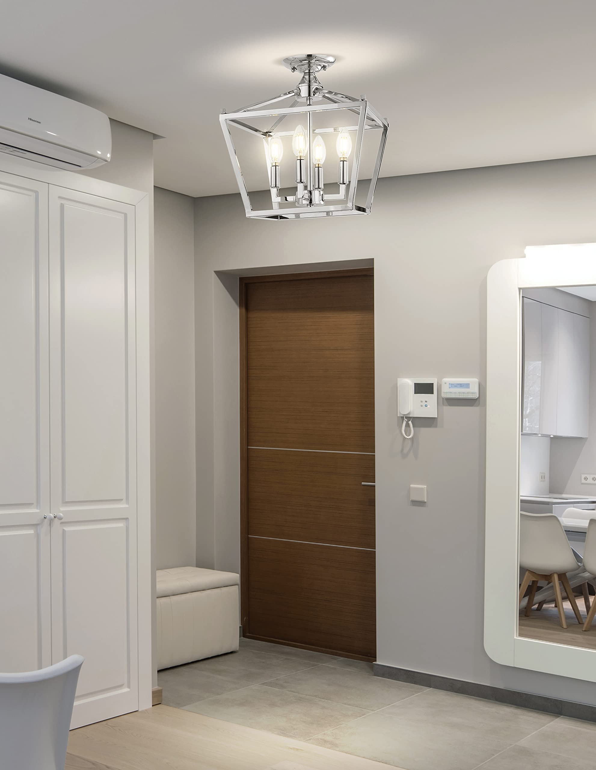 JONATHAN Y 12in Iron 4-Light Mini Lantern Flush Mount, Dimmable, Rustic Chrome, Model JYL7610C