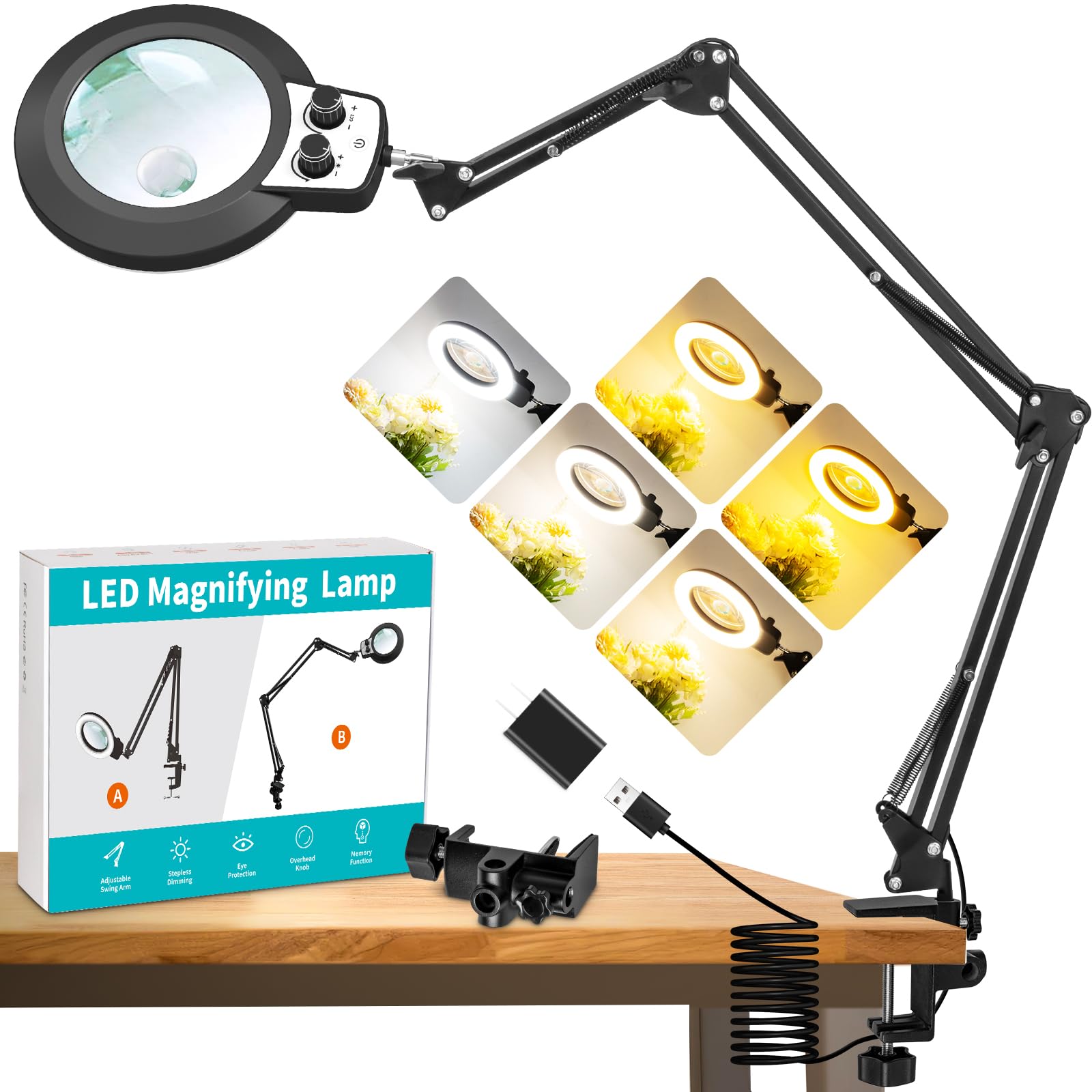 KMDES 12X 30X Magnifying Glass with Light and Stand, Extended Long Arm Magnifying Lamp for Close Work, Craft, Sewing, Workbench,