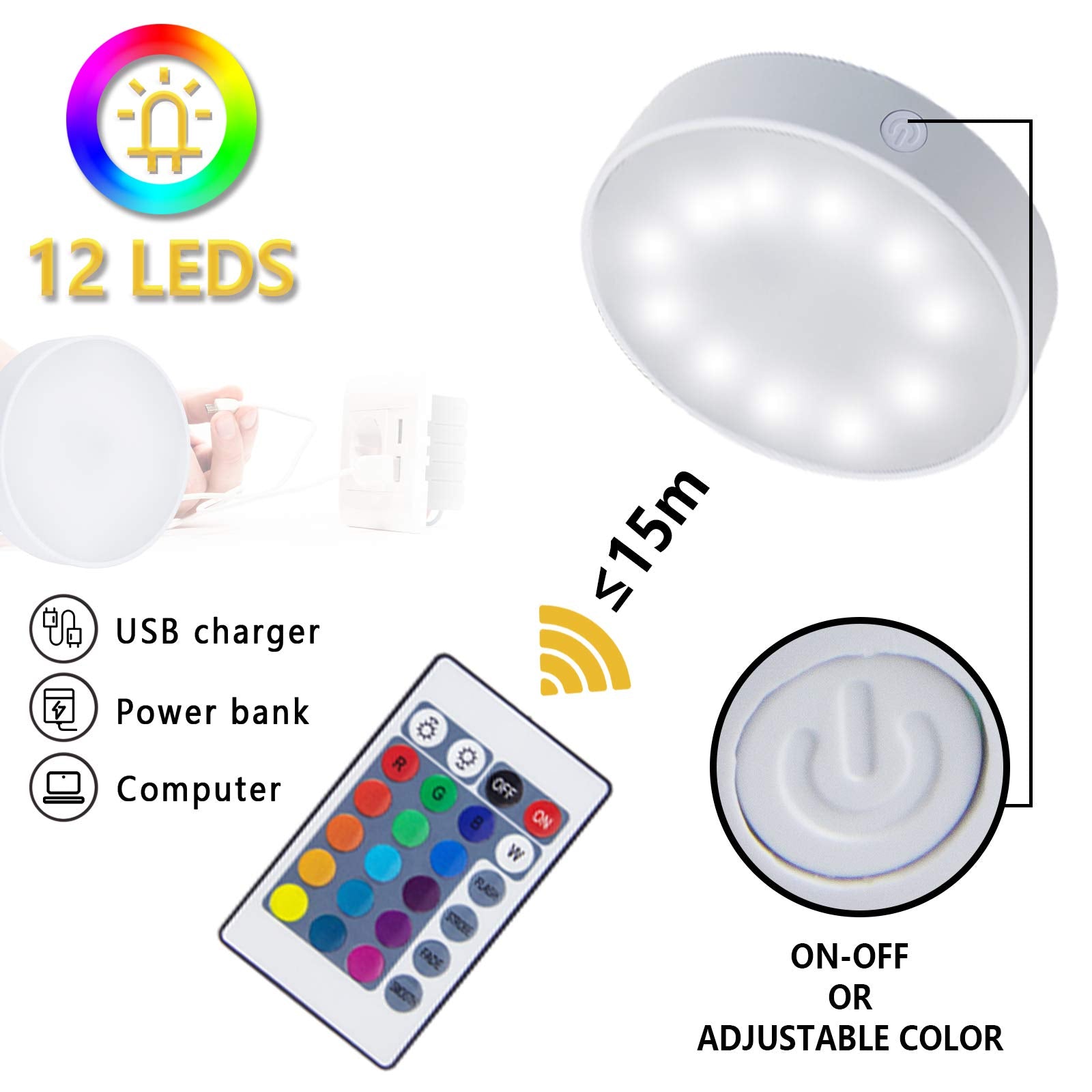 Lavaed 4 Pack Rgb+W 16 Color Changing Puck Lights With Remote Control 12Led Dimmable Closet Lights 600Mah Usb Rechargeable Under