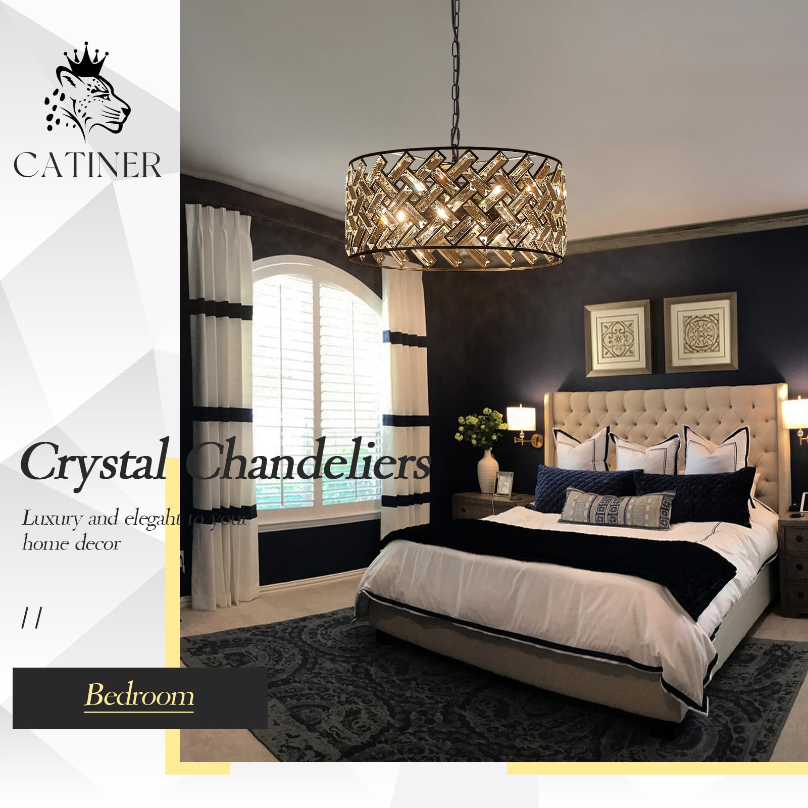 CATINER Black Modern 18" Crystal Chandelier, 6-Light Semi Flush Mount, Metal Drum Shade for Kitchen, Dining Room, Bedroom, Hallway