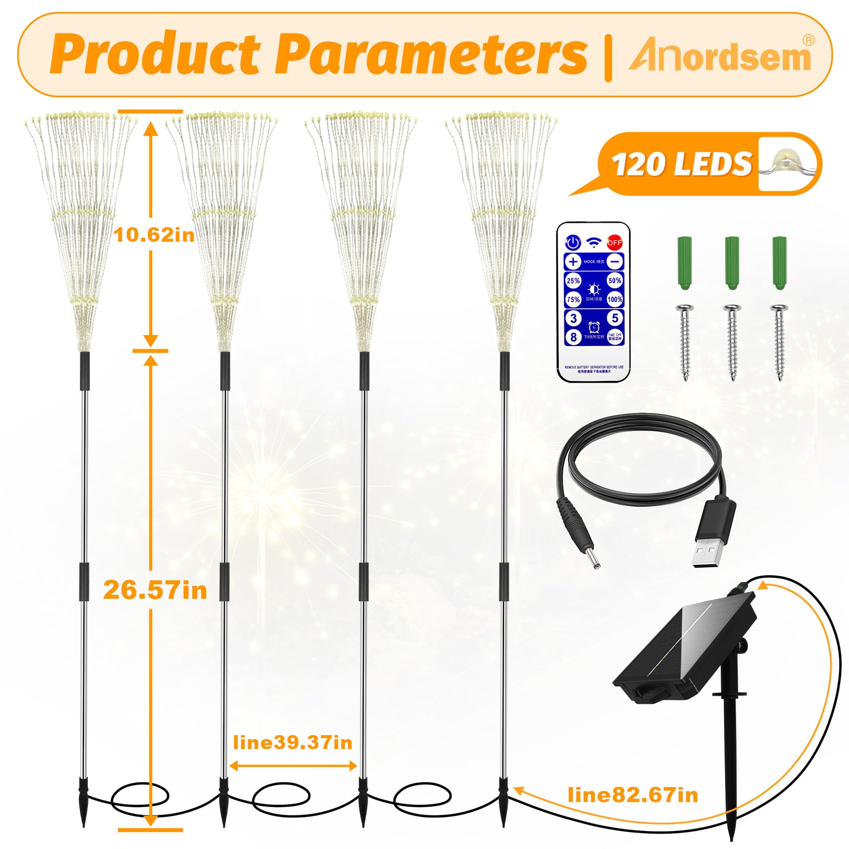 Anordsem Solar Garden Lights Outdoor Waterproof: Fireworks String Light Smart For Yard Decorative Outside - Led Sparkler Lamp 8