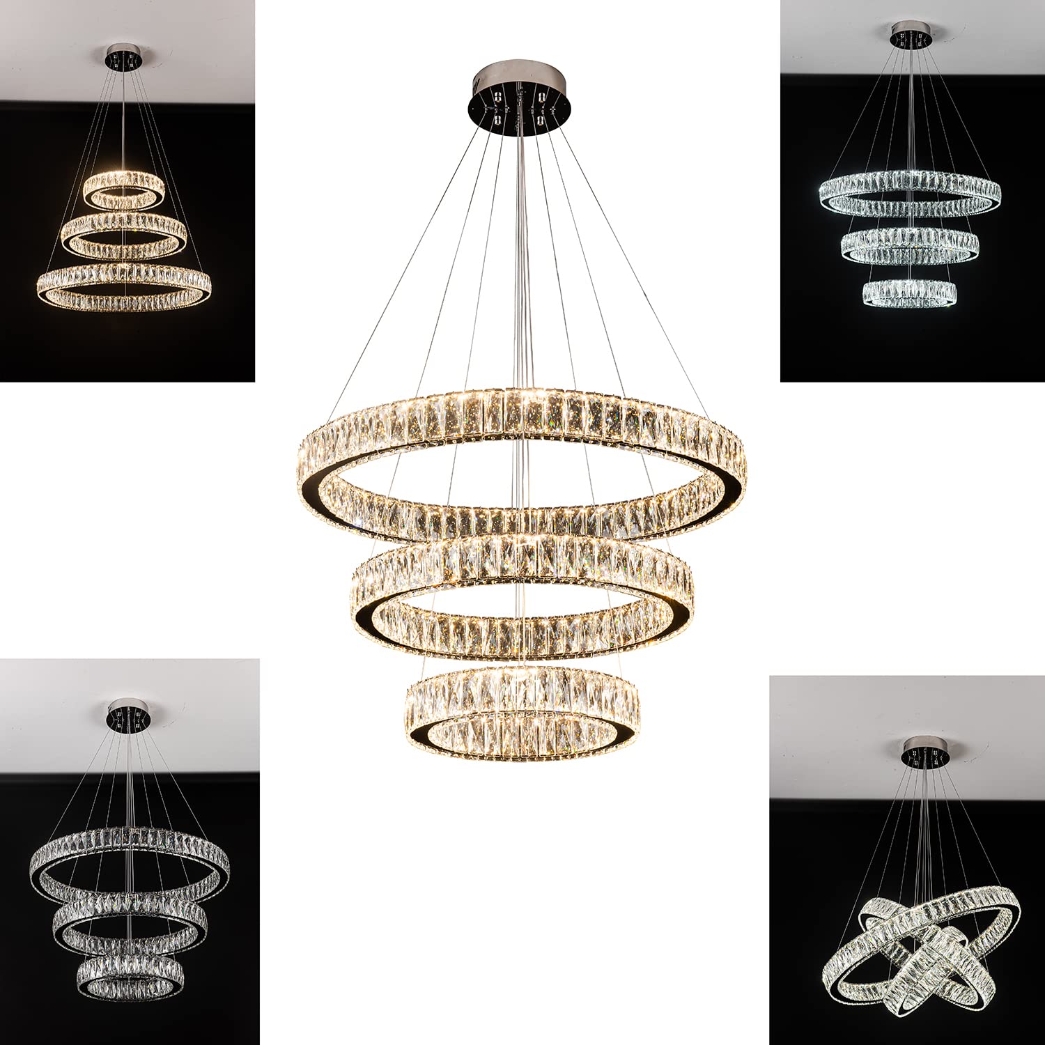Idequy 3 Rings Crystal Chandeliers 32+24+16 Crystal Ceiling Light Fixture Pendant Lighting Hanging Lamp For Living Room Led Dimmable 3000-6000K