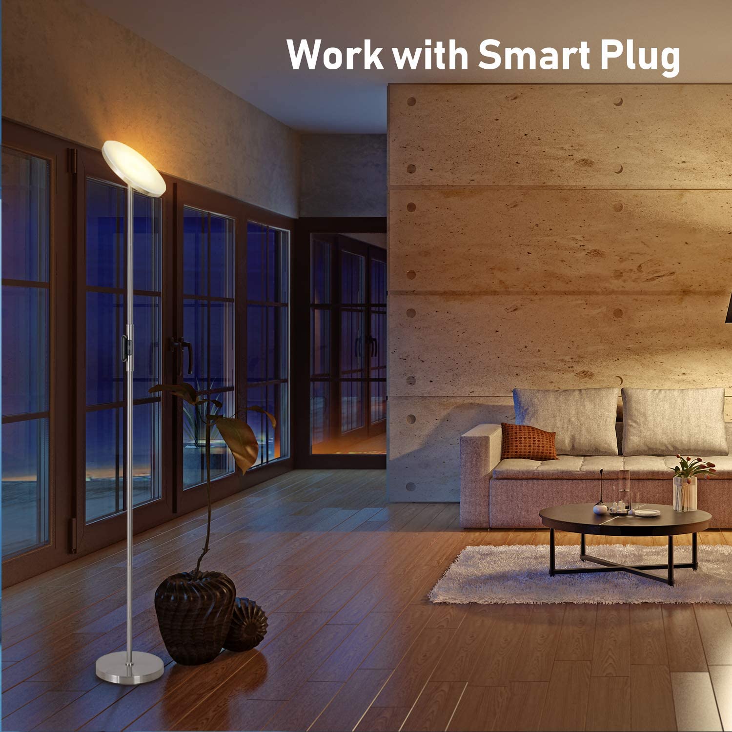 Joofo Brushed Nickel Floor Lamp, 30W/2400Lm Led Torchiere With Remote & Touch Control