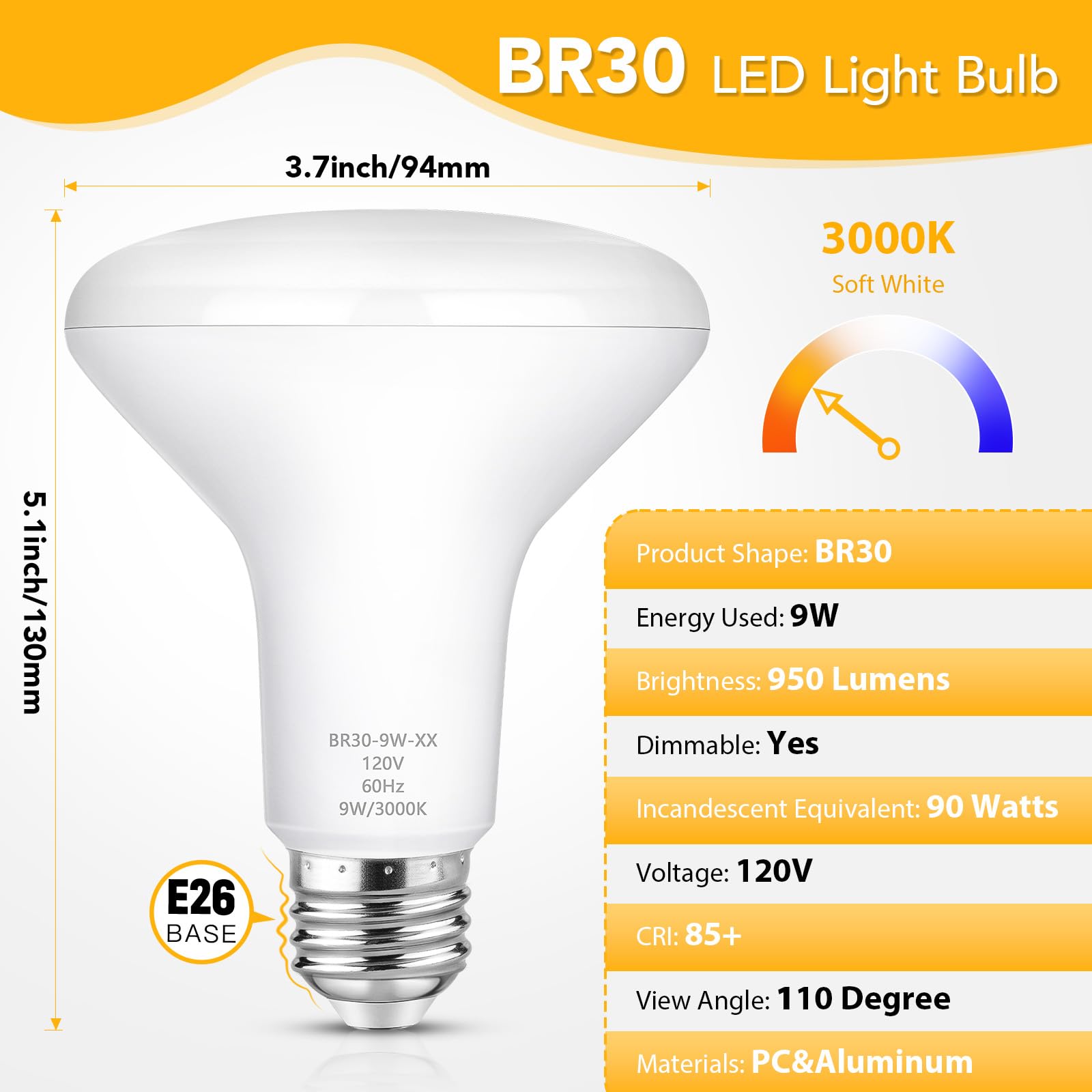 Maylaywood Br30 Led Light Bulbs Indoor Flood Light, 90W Equivalent, Dimmable, Soft White 3000K, 950Lm, E26 Base, 9W Led Recessed
