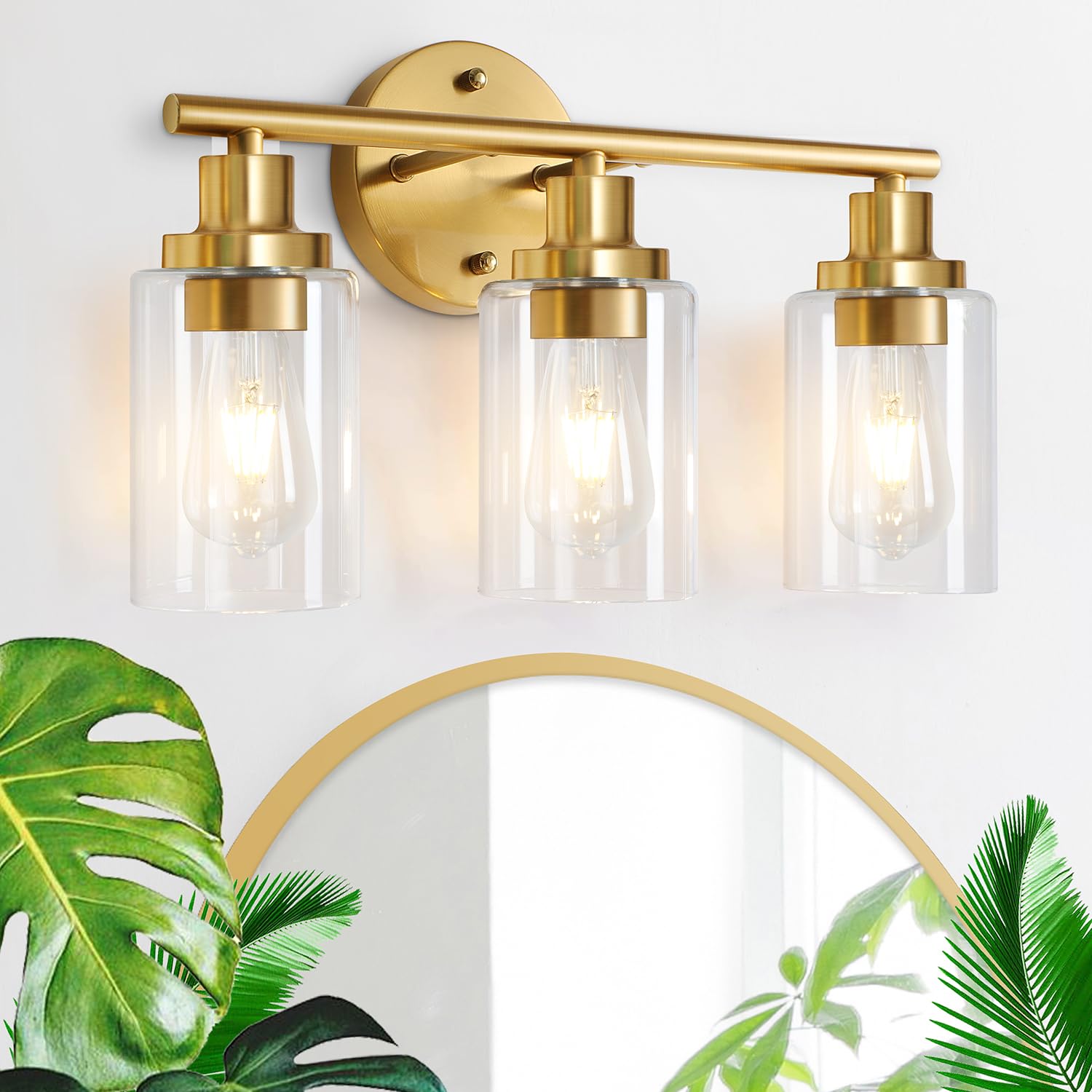 Apenath Brushed Brass 3-Light Bathroom Wall Sconce with Clear Glass Shade, Modern Farmhouse Style