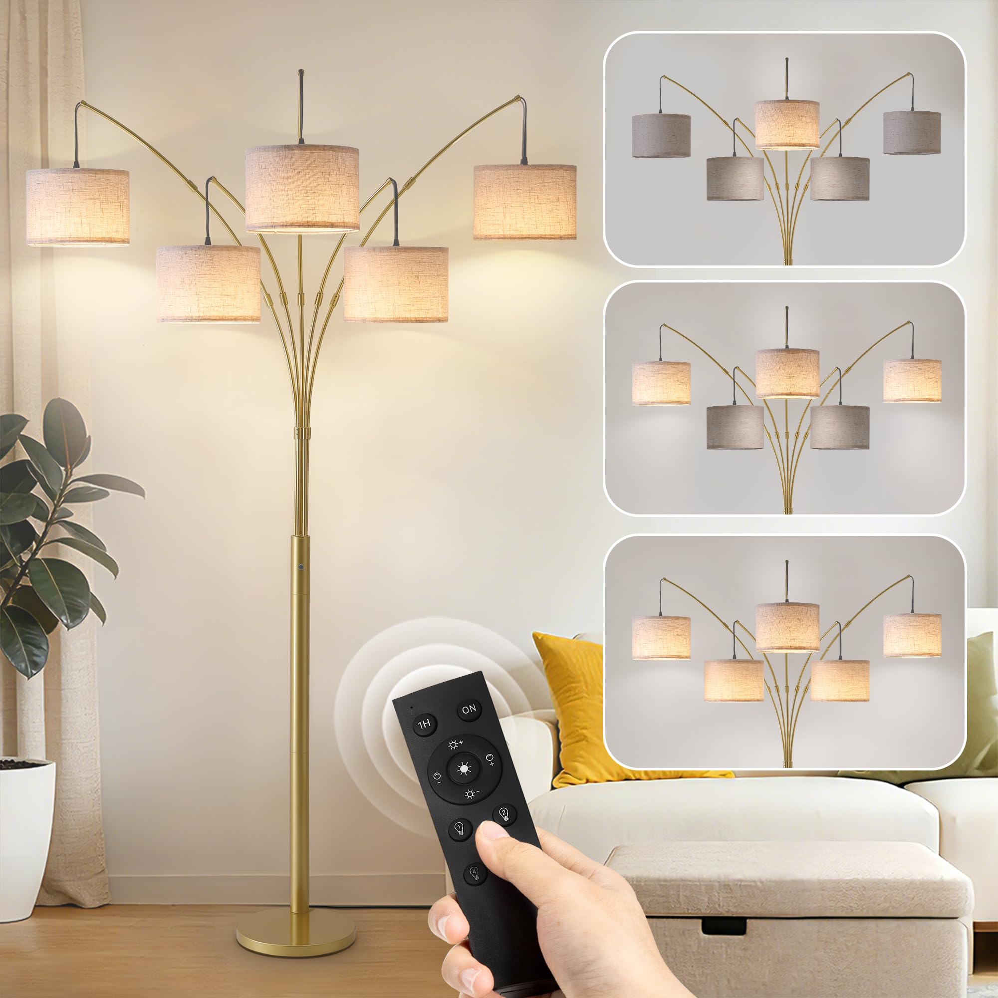 Fansdrick Gold Floor Lamps for Living Room, 4000LM Super Bright Arc Floor Lamp with Remote Control, Large Tall Floor Lamps with 